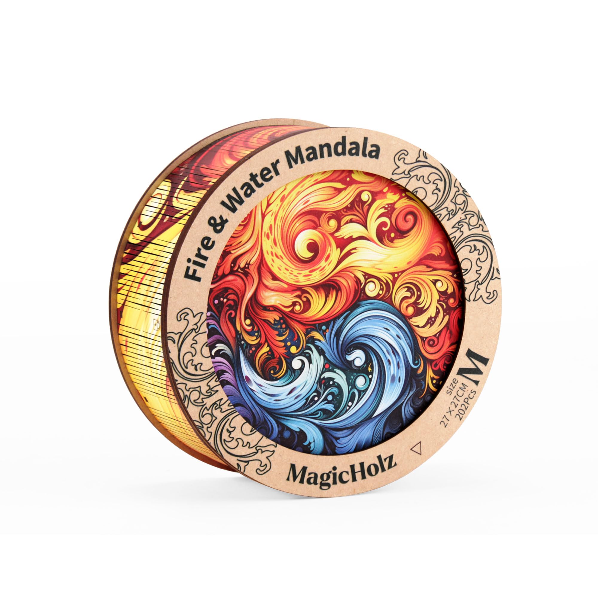 MagicHolz – Holzpuzzle Mandala Feuer und Wasser – rundes Holz Puzzle Ø 47 cm – besondere Geschenkidee für Erwachsene & Kinder – inkl.Premium Holzbox