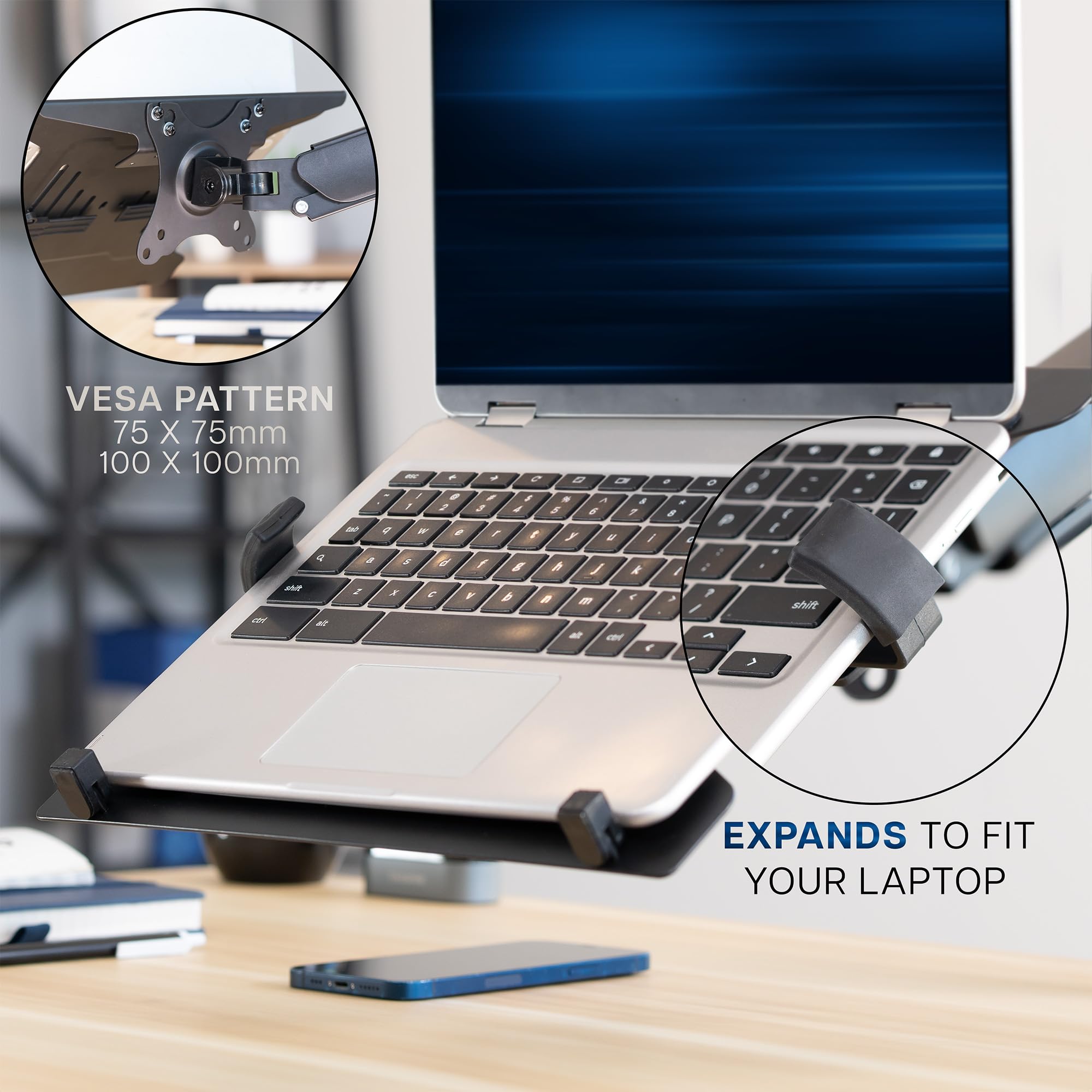 VIVO STAND-V001O-L - Soporte universal ajustable para laptop de 10 a 15.6 pulgadas, soporte VESA con abrazadera en C y opciones de ojales, negro, STAND-V001O-L