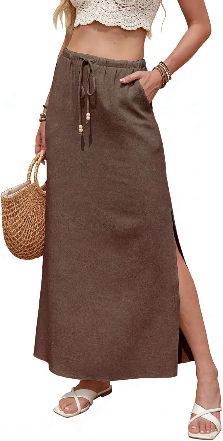 Linen Maxi Skirts Slit Skirt Elastic Waist Drawstring Long Linen Slit Boho Skirts for Women with Pockets
