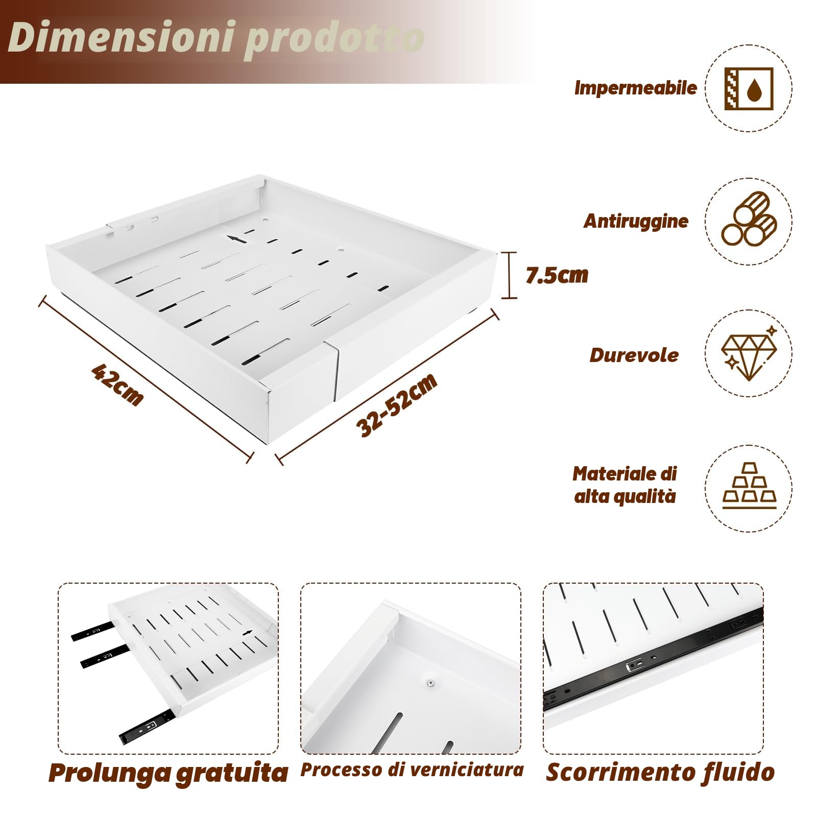 Sprifityy Cassetto telescopico,Armadio da Cucina Ripiani organizer estraibile in acciaio al carbonio,larghezza del cassetto regolabile 32-52 cm,nessuna perforazione, chiodi necessari (bianco)