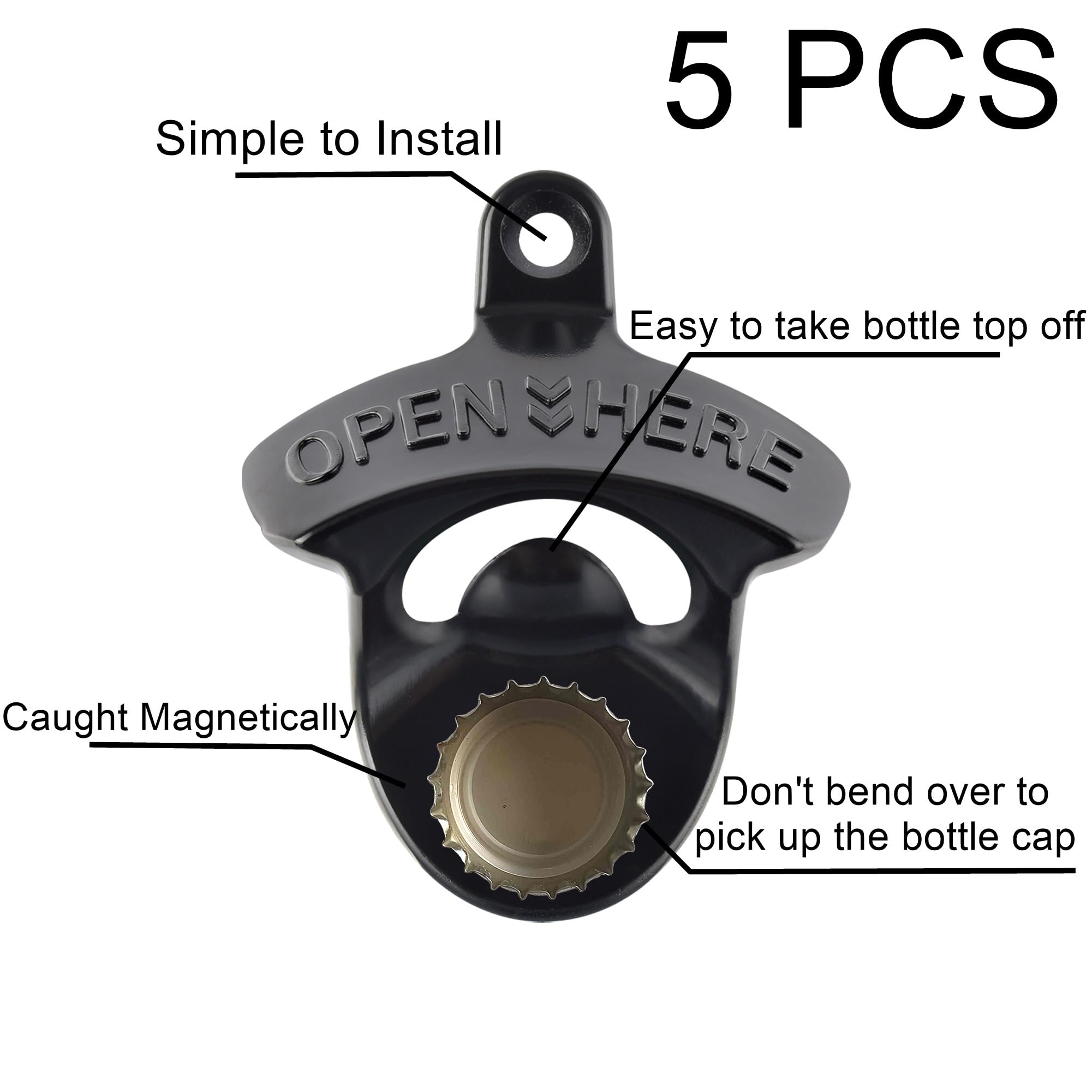 5 abridores de botellas de cerveza magnético negro montado en la pared con tapa magnética colector HAIICEN incrustado