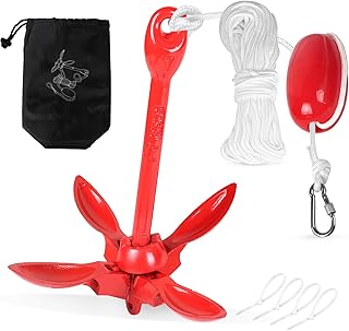 SWAWIS Anker Boot 1,5KG Bootsanker Bootszubehör Klappanker Sup Anker mit 20M Ankerleine Bojenkugel und Aufbewahrungstasche für Schlauchboot Belly Boot Tretboot Paddelboot, Rot