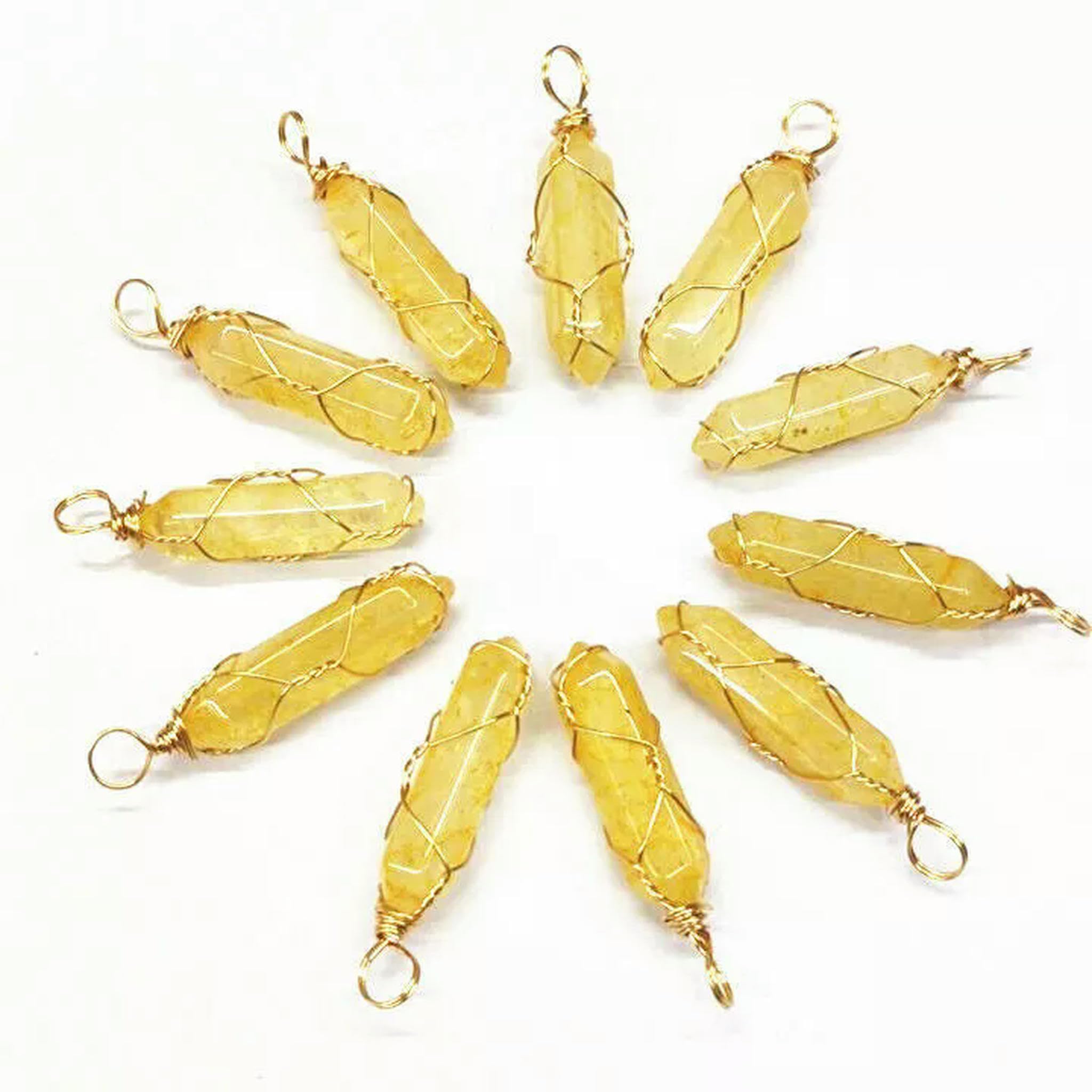 20 Pezzi di Pietra di Cristallo Giallo Naturale pilastro Pendenti Fatti a Mano in Filo di Ferro Dorato