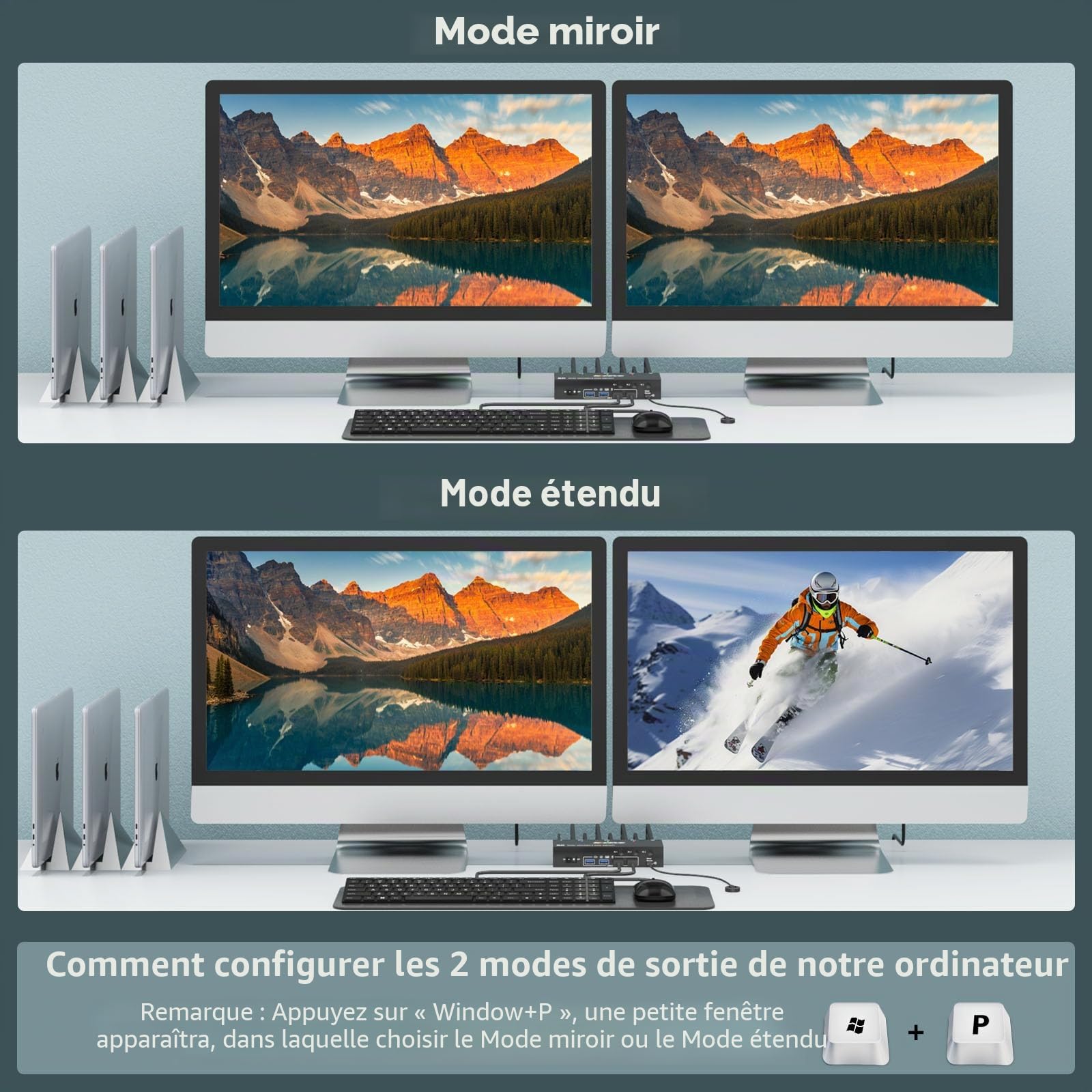 8k Displayport KVM Switch 3 PC 2 moniteurs 8K@30Hz 4K@144Hz, Camgeet USB3.0 Dual Moniteur KVM Switches Displayport 1.4 avec 4 ports USB 3.0 pour périphériques USB, pour 3PCs DP Monitor Switch