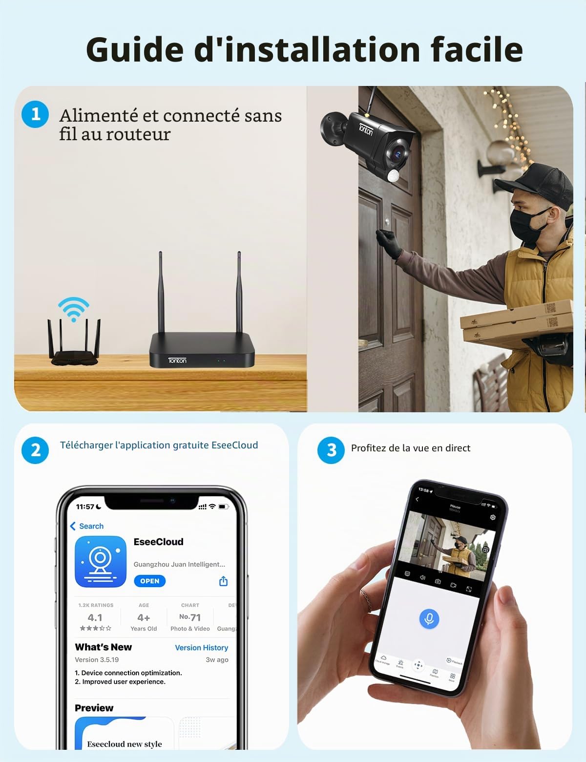 Tonton 2K NVR Enregistreur vidéo numérique réseau WLAN pour caméras de Surveillance sans Fil, accès Smartphone à Distance, accès PC/APP en Ligne à Distance (NO HDD)