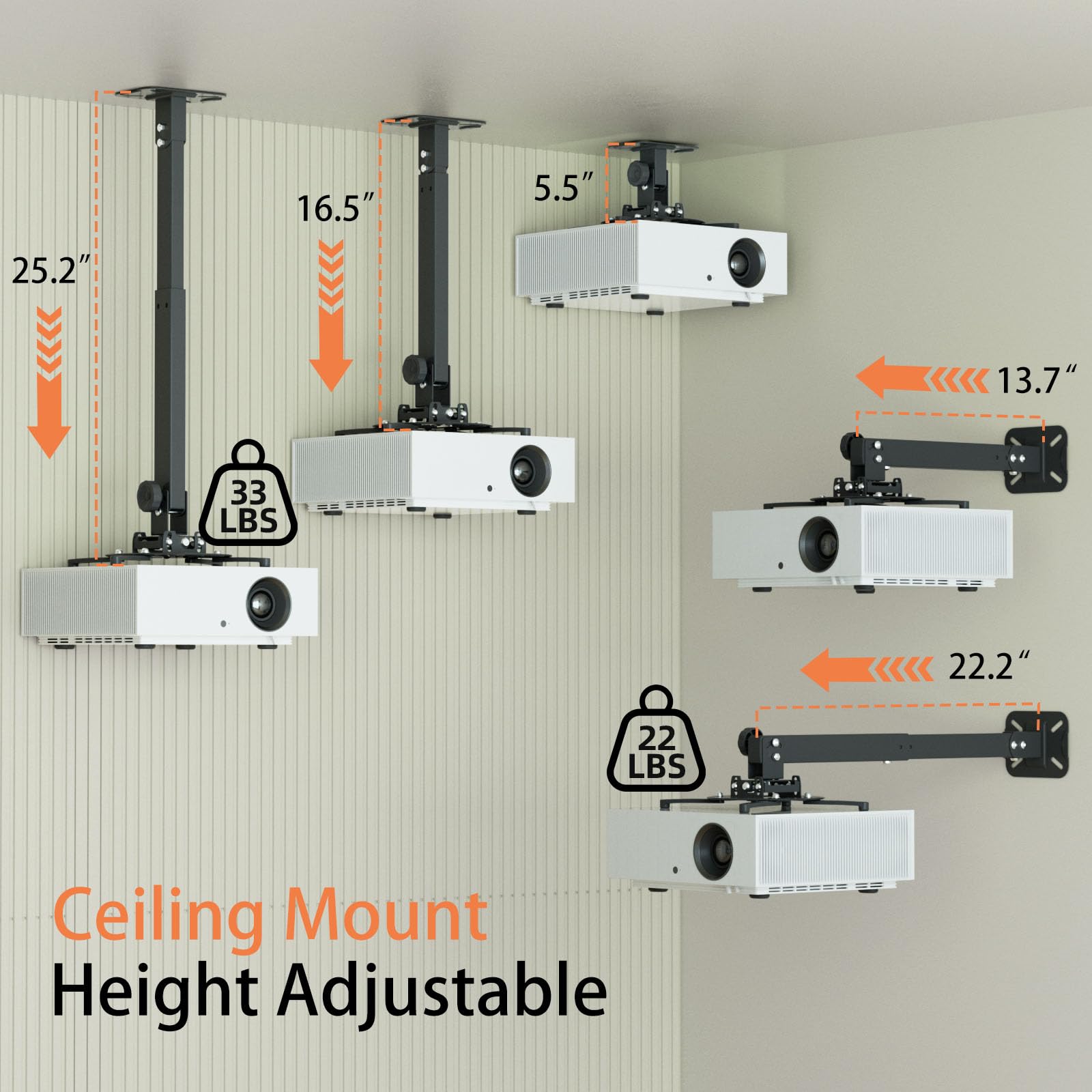 Soporte de pared universal para proyector, se adapta a techo plano o inclinado, altura ajustable con brazos extensibles para el hogar y la oficina 2