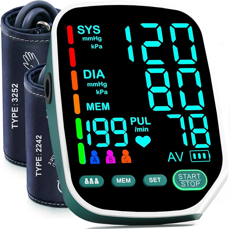Accurate Upper Arm Blood Pressure Monitor, Dual Cuffs, 3 Users X199 Memory | Dual Cuffs (9-17"&13-21"), One-Touch, LED Backlit Display, Fast 35s Reading, USB-C or 4 AAA, Home Use or Travel, Green
