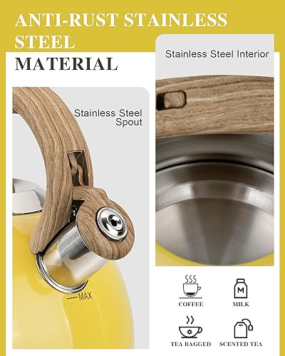 Miniatura 4 de Hervidor de té para estufa, tetera de 2.7 cuartos de galón, teteras de acero inoxidable de grado alimenticio para estufa con mango ergonómico