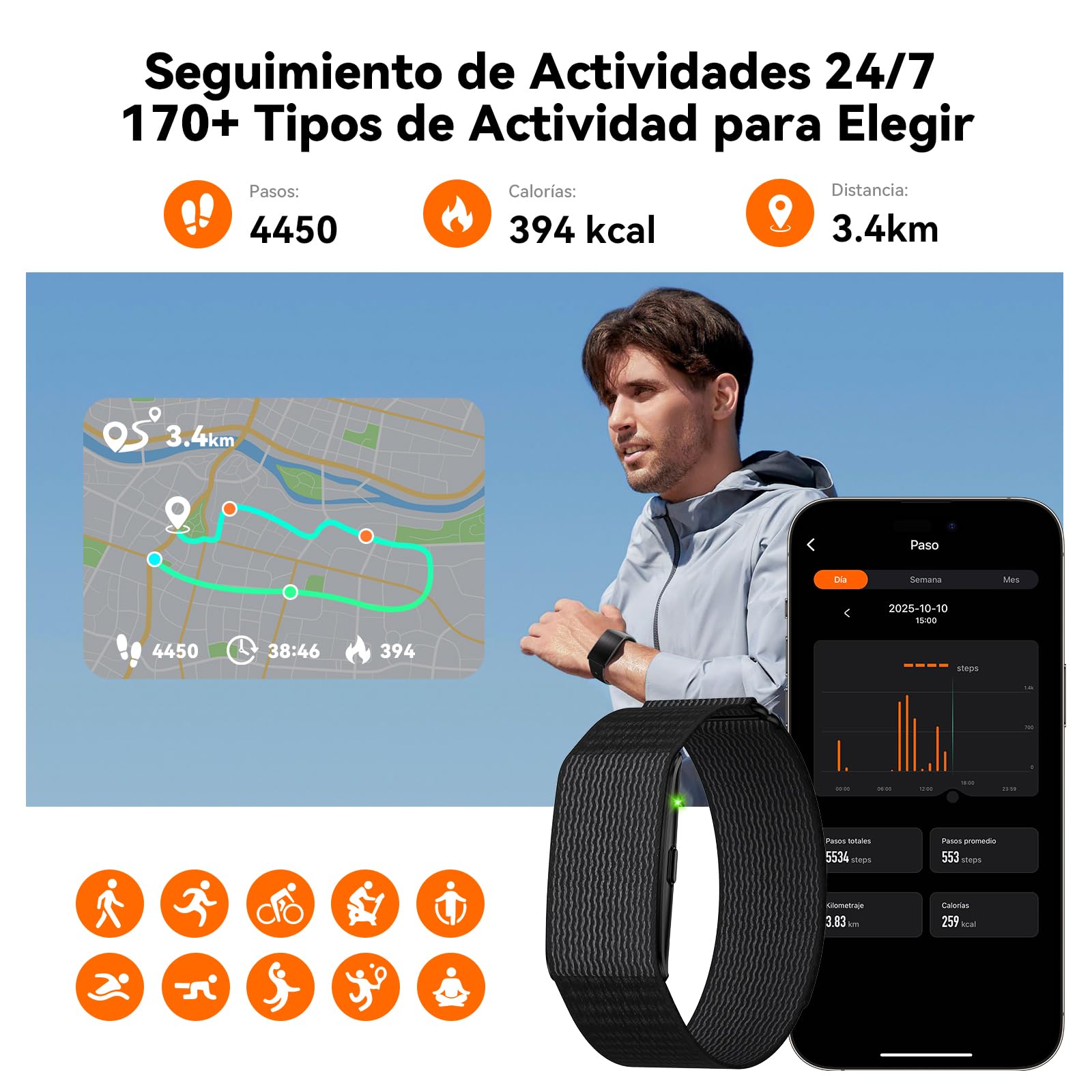 Pulsera de Actividad Inteligente sin Pantalla para Mujer y Hombre | 24/7 Monitor de Ritmo Cardíaco y Sueño con Análisis AI, 60 Días Batería, 170+ Modos Deportivos, Sin Suscripción