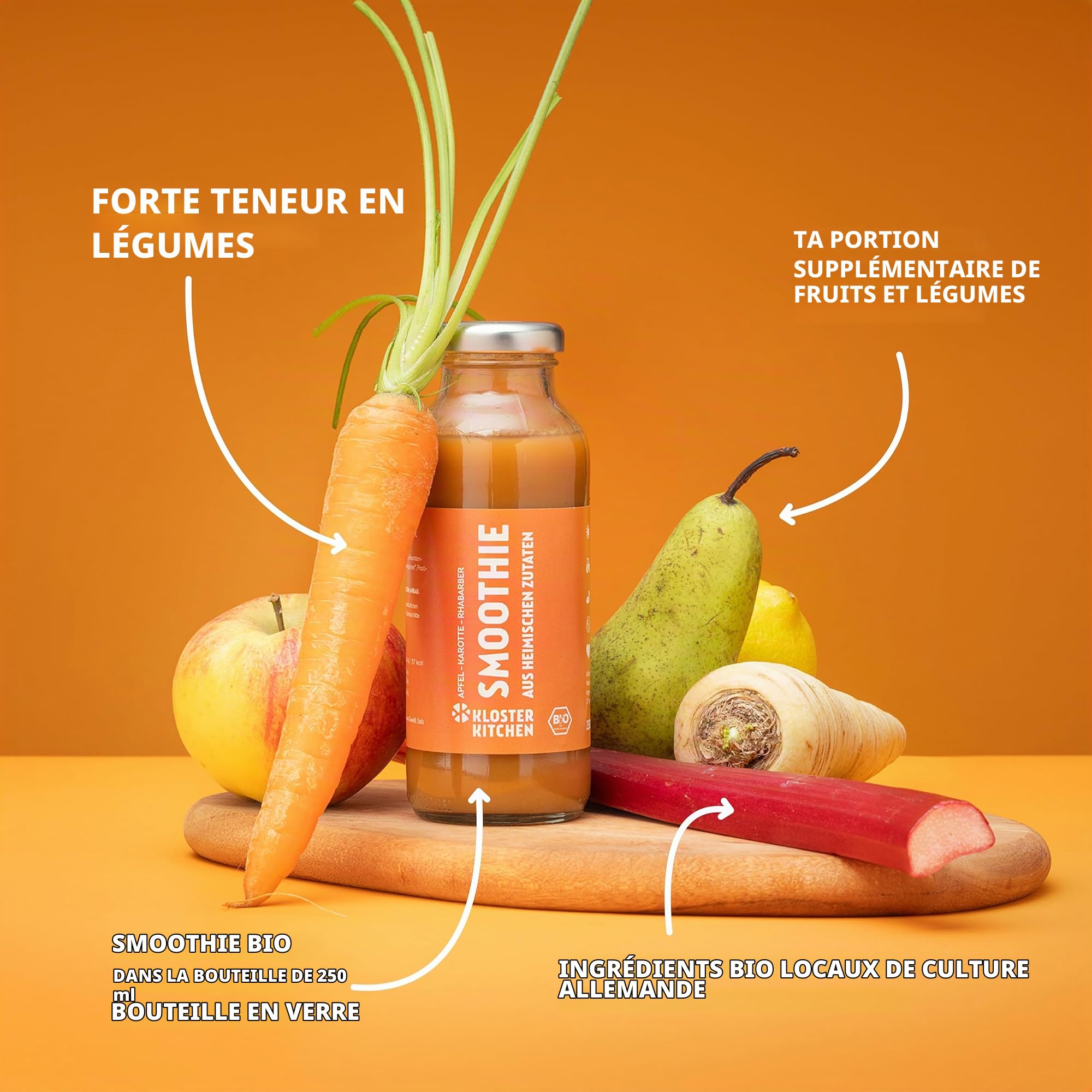 Mix de Smoothies bio Kloster Kitchen 6x 250 ml, 3 saveurs I Set rouge jaune vert vegan | Superfood petit-déjeuner I Bouteille en verre à emporter I Superaliment - Fraises, Carottes, Concombre.