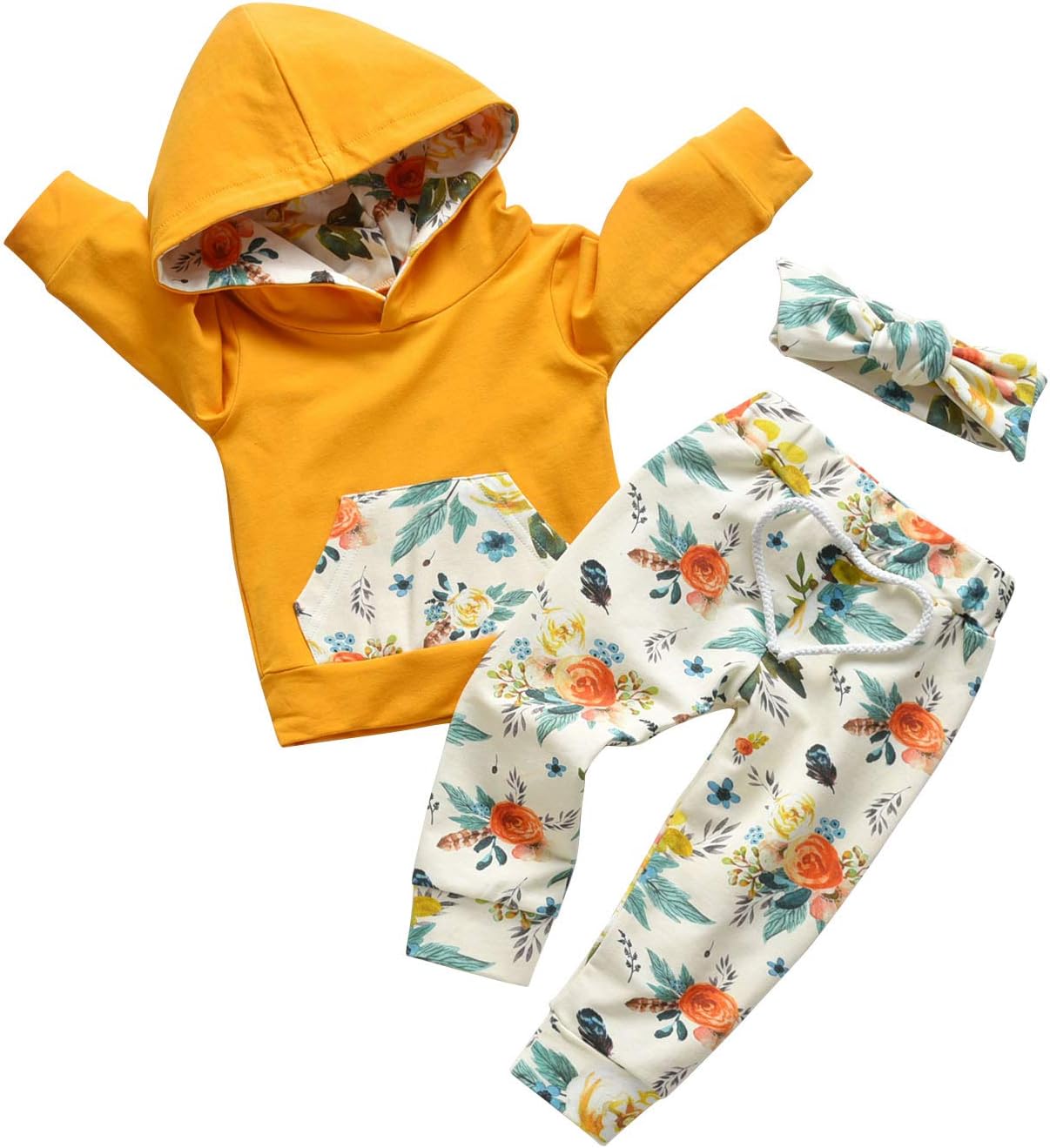 Eghunooy Baby Girl Clothes Long Sleeve Floral Hoodie Sweatshirt Pants with Pocket Headband Outfit Sets
