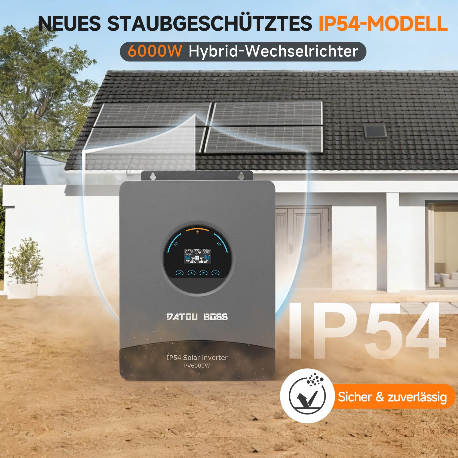 DATOUBOSS 6000W Hybrid Solar Wechselrichter 48V, Reiner Sinus, integrierter 120A MPPT, Blitz- und Wasserschutz, batterieloser Start, für Off-Grid Solarstrom (48V 6000W)