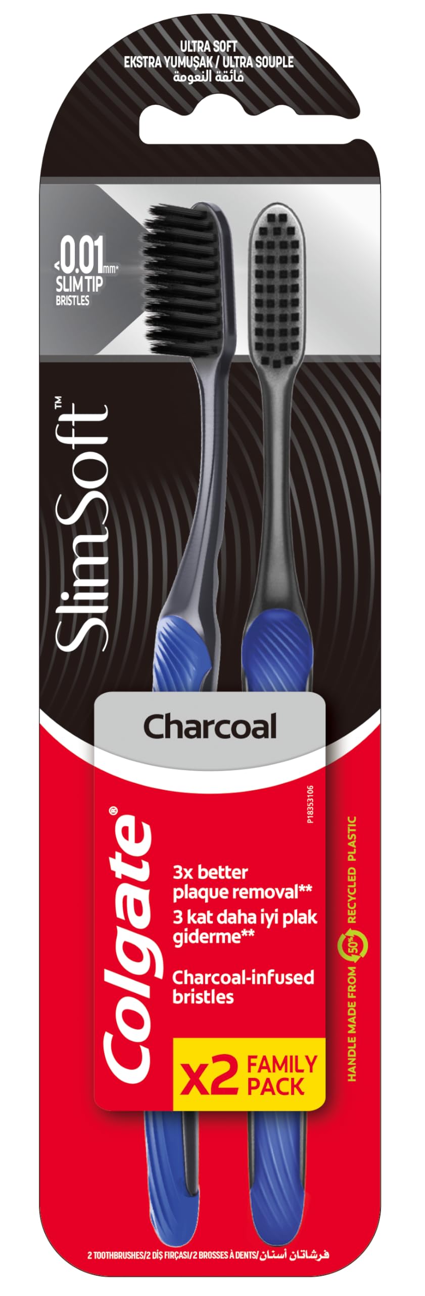 Colgate ToothBRush Slim Soft Charcoal Family Pack 2X, Multicolor