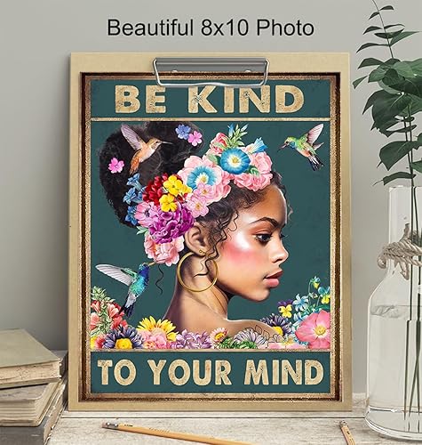 Miniatura 4 de Black Women African Americans Wall Art - Black Girl - Be Kind to Your Mind Inspirational Quotes - Hummingbirds Mental health Wall Art Poster - Zen