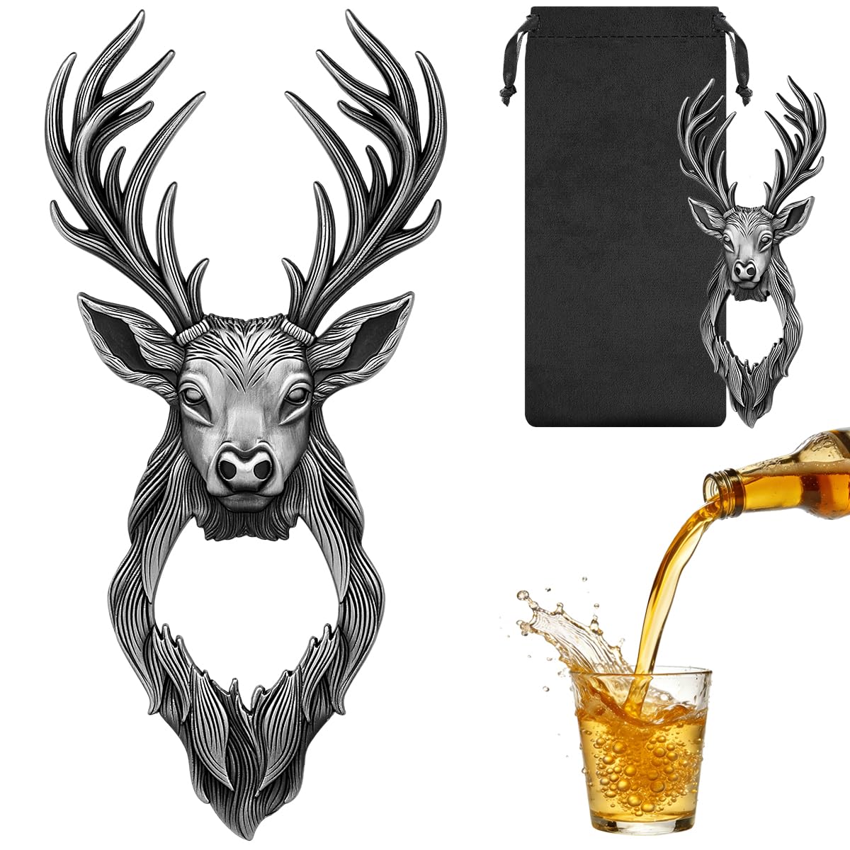 Silver Metal Deer Head Bottle Opener, Antler Beer Opener with Gift Bag, Home Decor, Deer Accessory, Beer Gifts for Hunters, Antler Gifts for Wildlife Lovers, Present for Dad, Small Stocking Filler