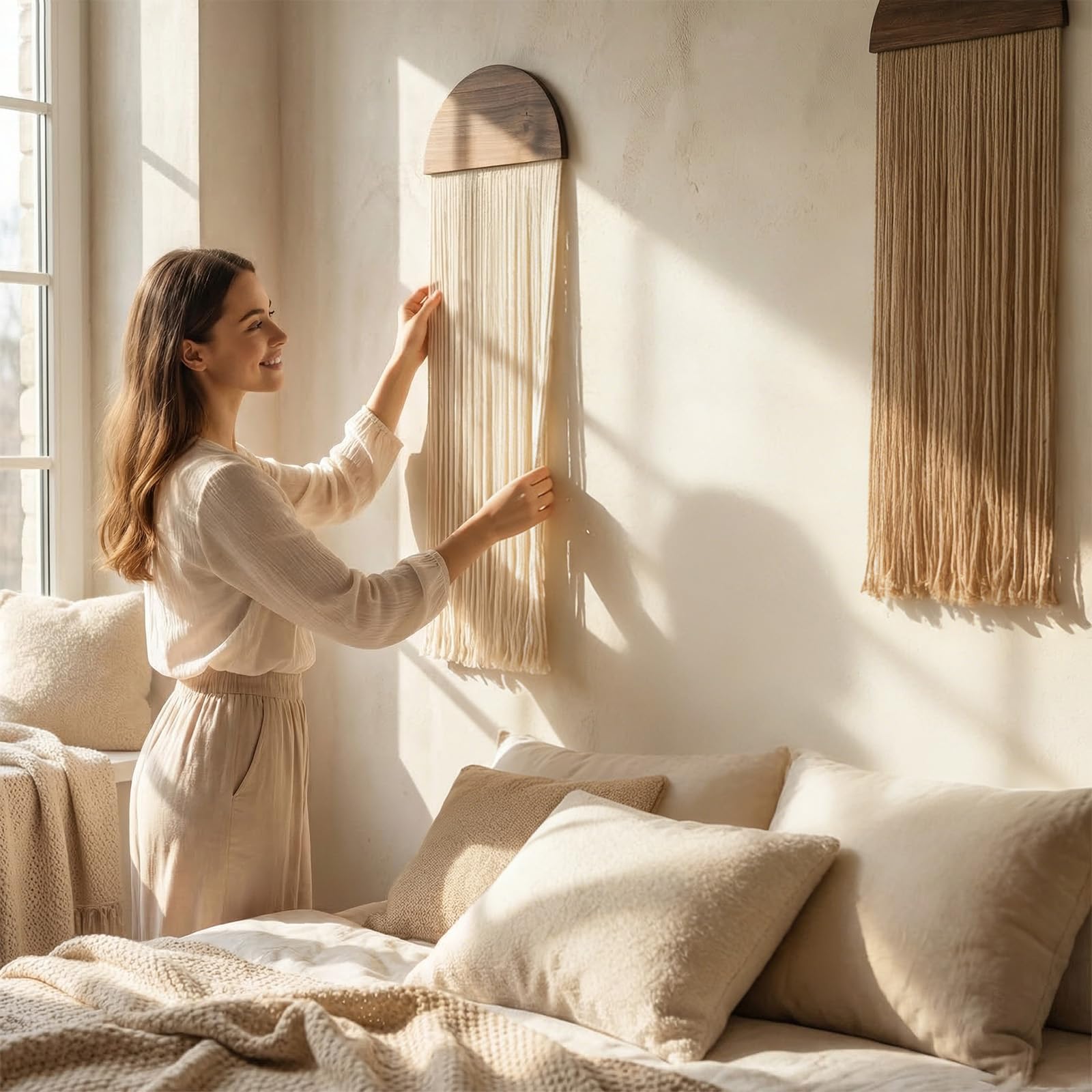 Betylifoy 2 Pezzi Arazzo da Parete Decorazione Boho Verde Semicircolare Arazzo con Nappe Arazzo da Appendere Decorazioni da Parete Arazzo in Macramè da Appendere per Soggiorno Camer (Beige e Kaki)