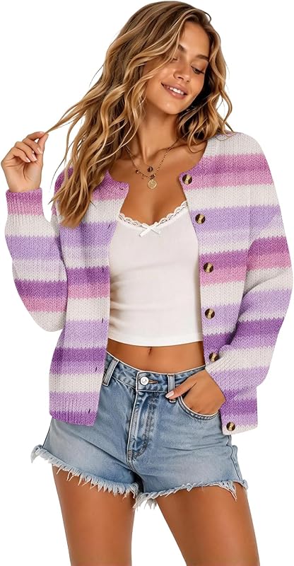 tobchonp Striped Cardigan Sweaters Y2k A007-light Purple in A007-light Purple