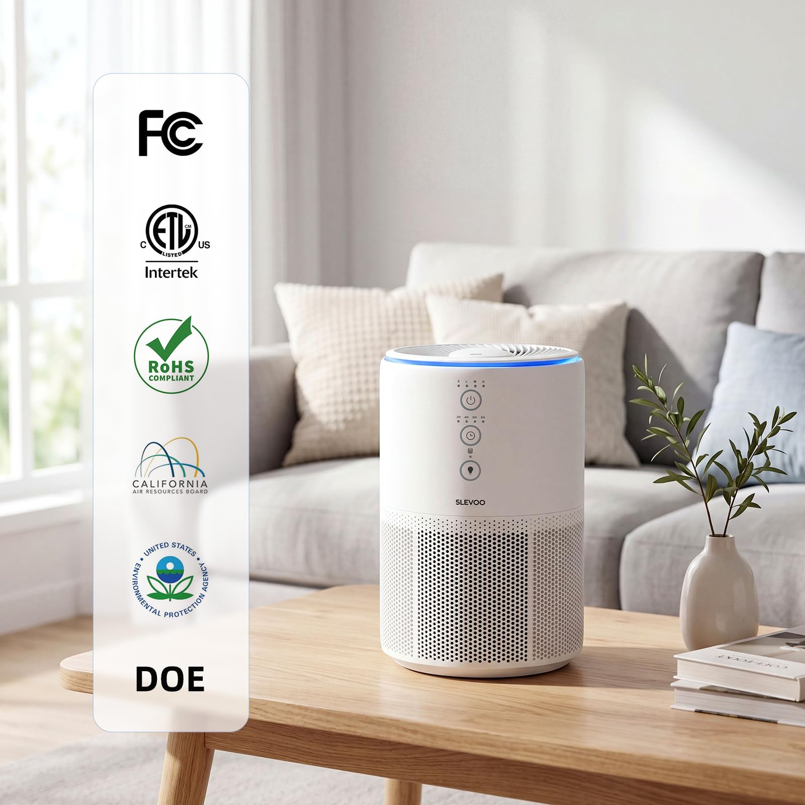 Slevoo Purificateur D'Air Chambre, Éliminant 99,97% La Fumée, La Poussière, Le Pollen Et Les Odeurs, Filtre Hepa H13 Avec Éponge Parfumée, 3 Niveaux De Vitesse & Time Mode Sommeil À 23 Db,Blanc