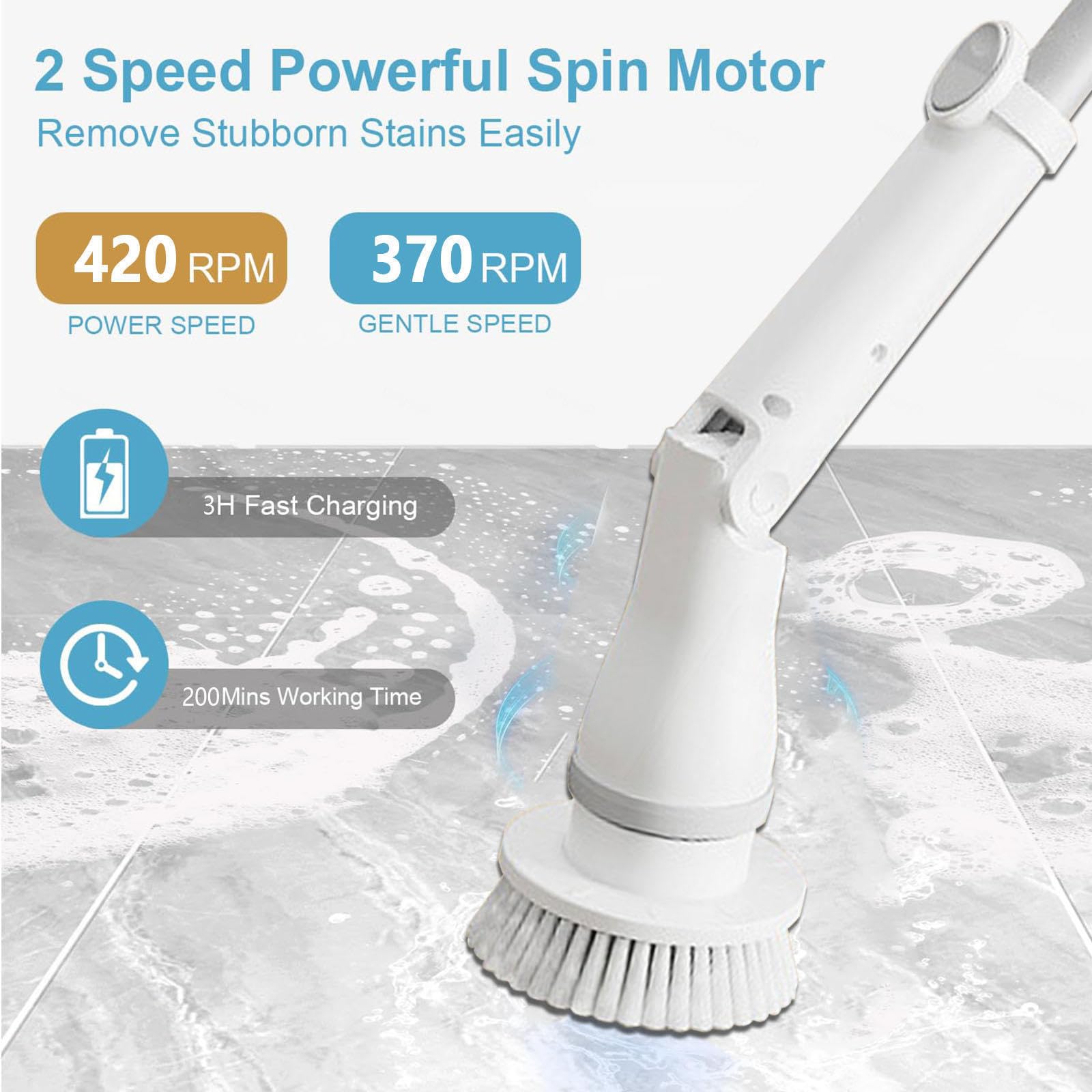 Cepillo Eléctrico Para Limpiar Baños Cordless con 6 testine sostituibili, luci LED, manico lungo, scrubber da bagno con manico lungo, accessori per la pulizia per vasca da doccia, piastrelle pavimento