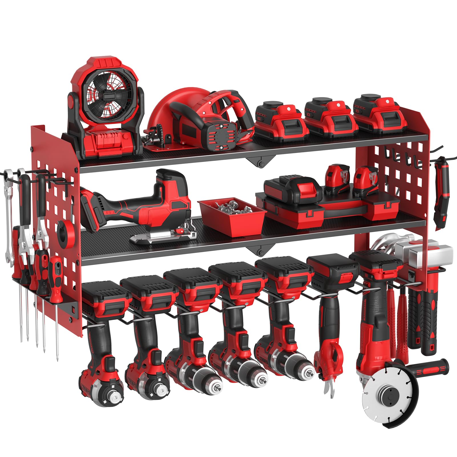 Yeabett 3 Ebenen Werkzeug Wandhalterung, Werkzeugspeicher Aufbewahrung für 7 Elektrowerkzeug, Werkzeug Wandhalterung für Garage, Werkstatt, 64 * 20 * 31cm (Rot)