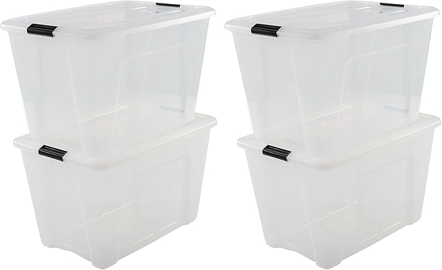 Iris Ohyama, Set of 4, Storage boxes, 60 L with snap closure, stackable, living room, bedroom, Garage - New Top Box NTB-60 - Transparent