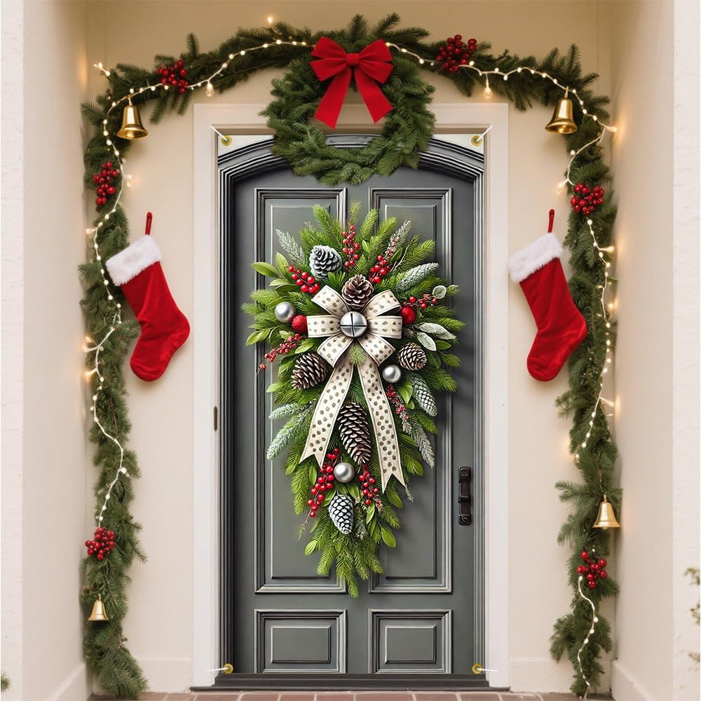Christmas Pine Swag Snowy Pinecone Berry Bell Door Cover 35x71in