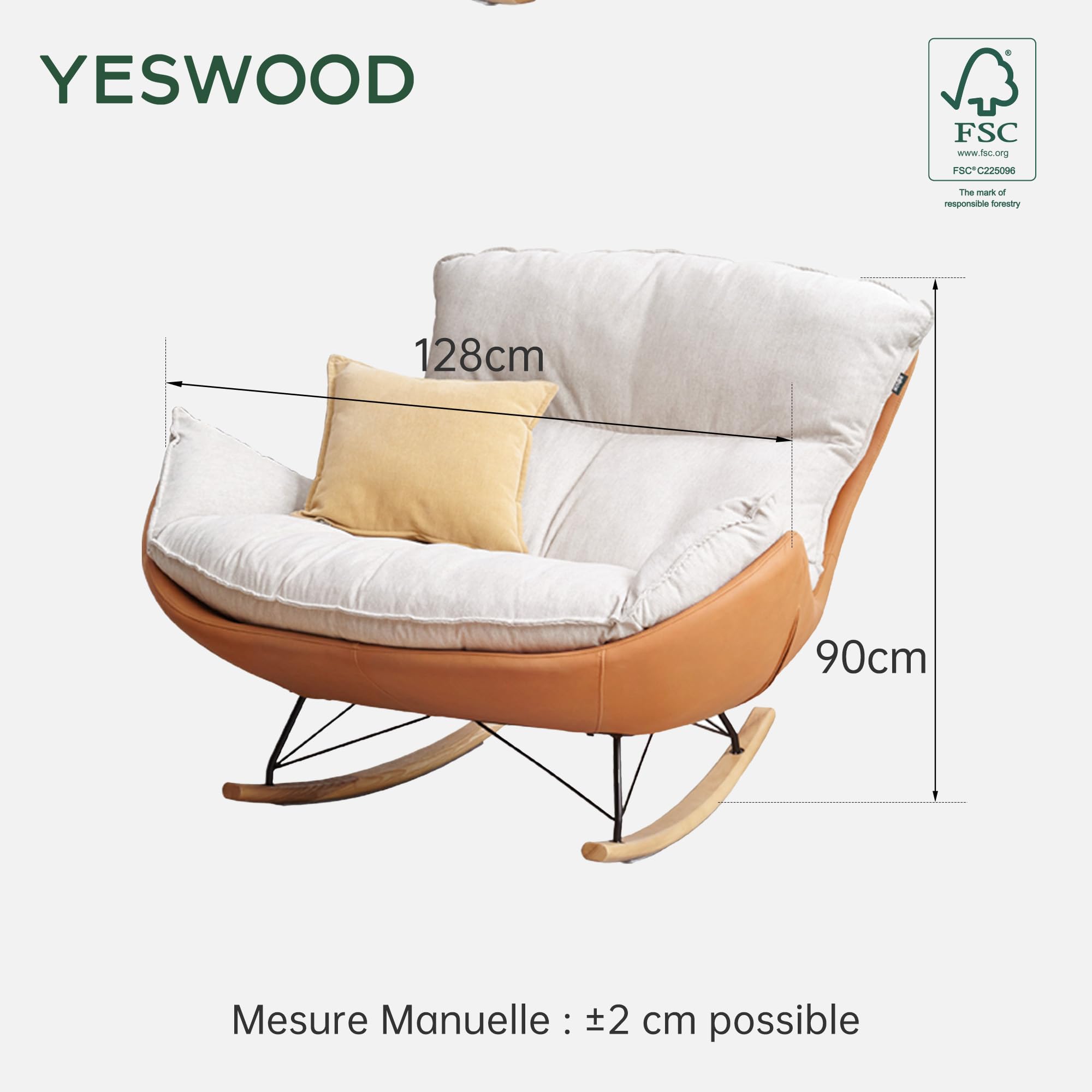 YESWOOD Fauteuil à Bascule, Forme de Cocon, Style Classique, Coussin Amovible, Structure en Hêtre Massif et Métal, 128 x 118 x 90 cm, Marron