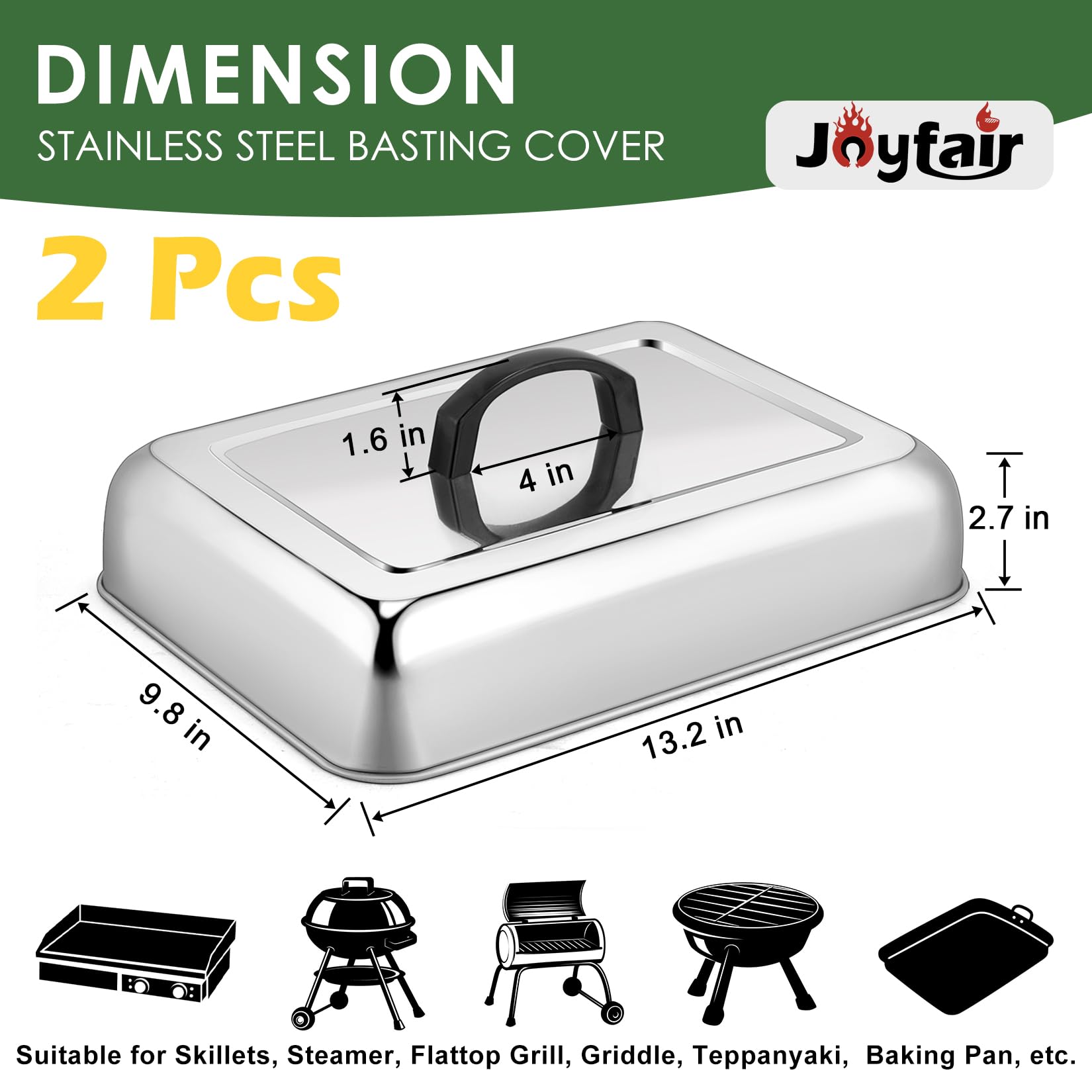 13 x 9.8 Inch Basting Cover Melting Domes (2Pcs), Joyfair Stainless Steel Rectangular Cheese Melt Lid for Outdoor Flat Top Griddle, Heat-resistant Handle & Screwdriver, Dishwasher Safe (No Vent)