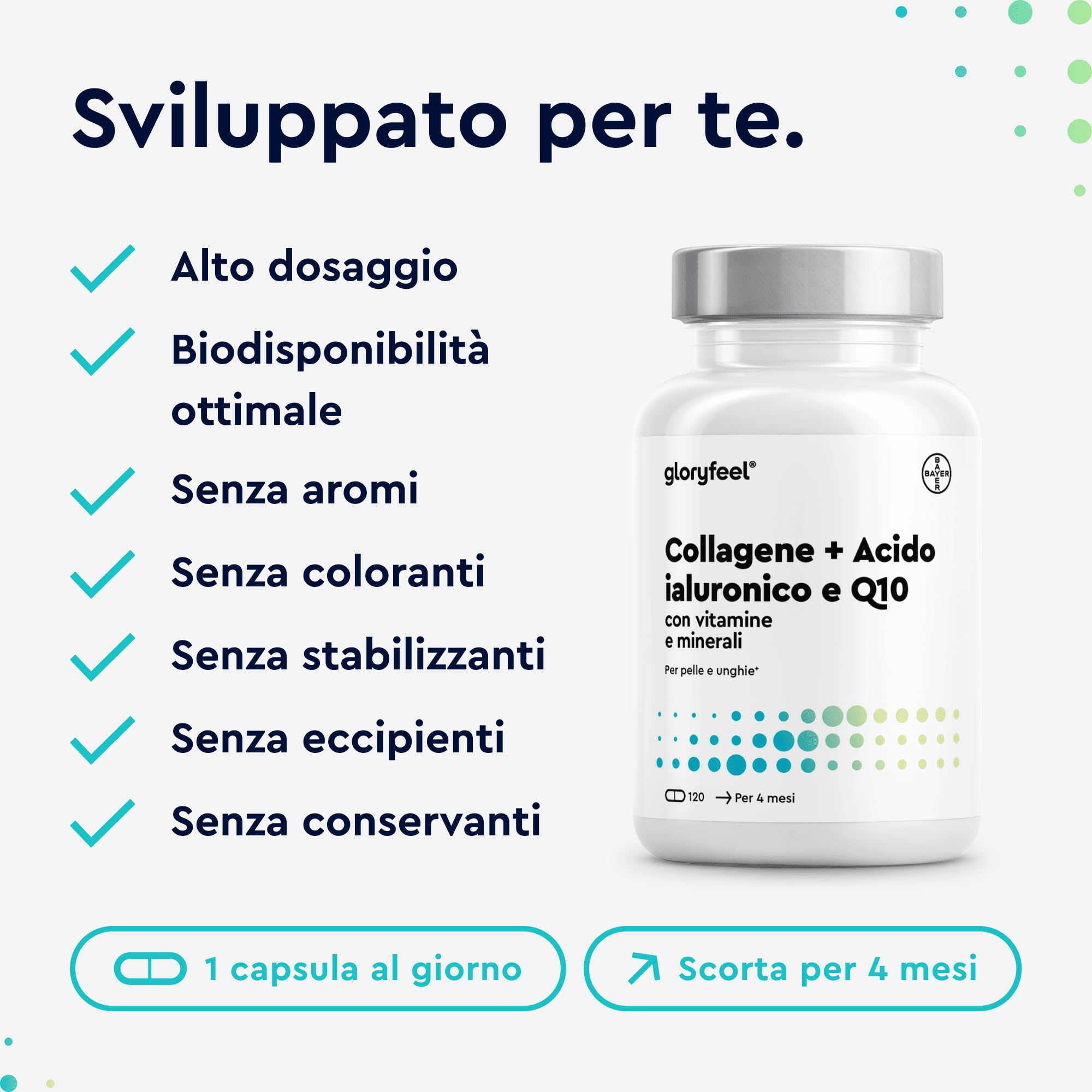 Collagene + Acido Ialuronico + Coenzima Q10, Integratore Pelle, Unghie e Capelli, Integratore Collagene Puro 120 Capsule, Con Vitamine e Minerali, Scorta di 4 Mesi