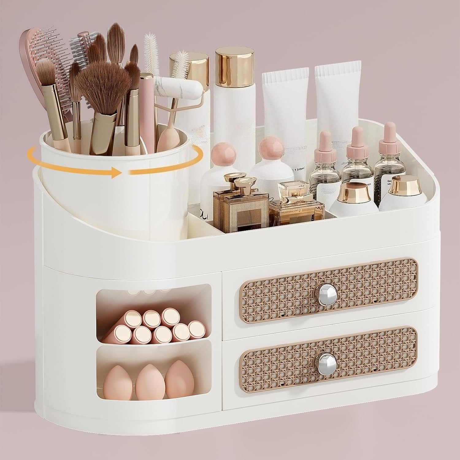 Organizador de maquillaje con soporte giratorio para brochas, organizador de encimera de baño con 2 cajones, cepillo de pelo fácil de almacenar, pintalabios, perfumes, cuidado de la piel (beige