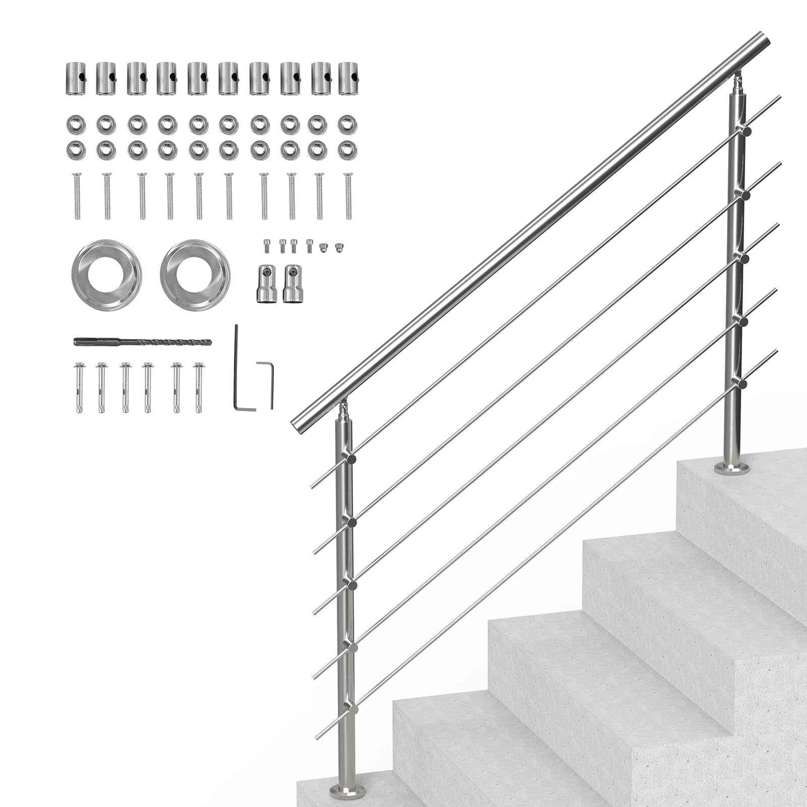 VEVOR Pasamanos de Escalera 150 cm Barandilla de Escalera para Escalones Exteriores de Acero Inoxidable 5 Travesaños con Kit de Instalación Barra de Agarre para Personas Mayores, Porche, Patio