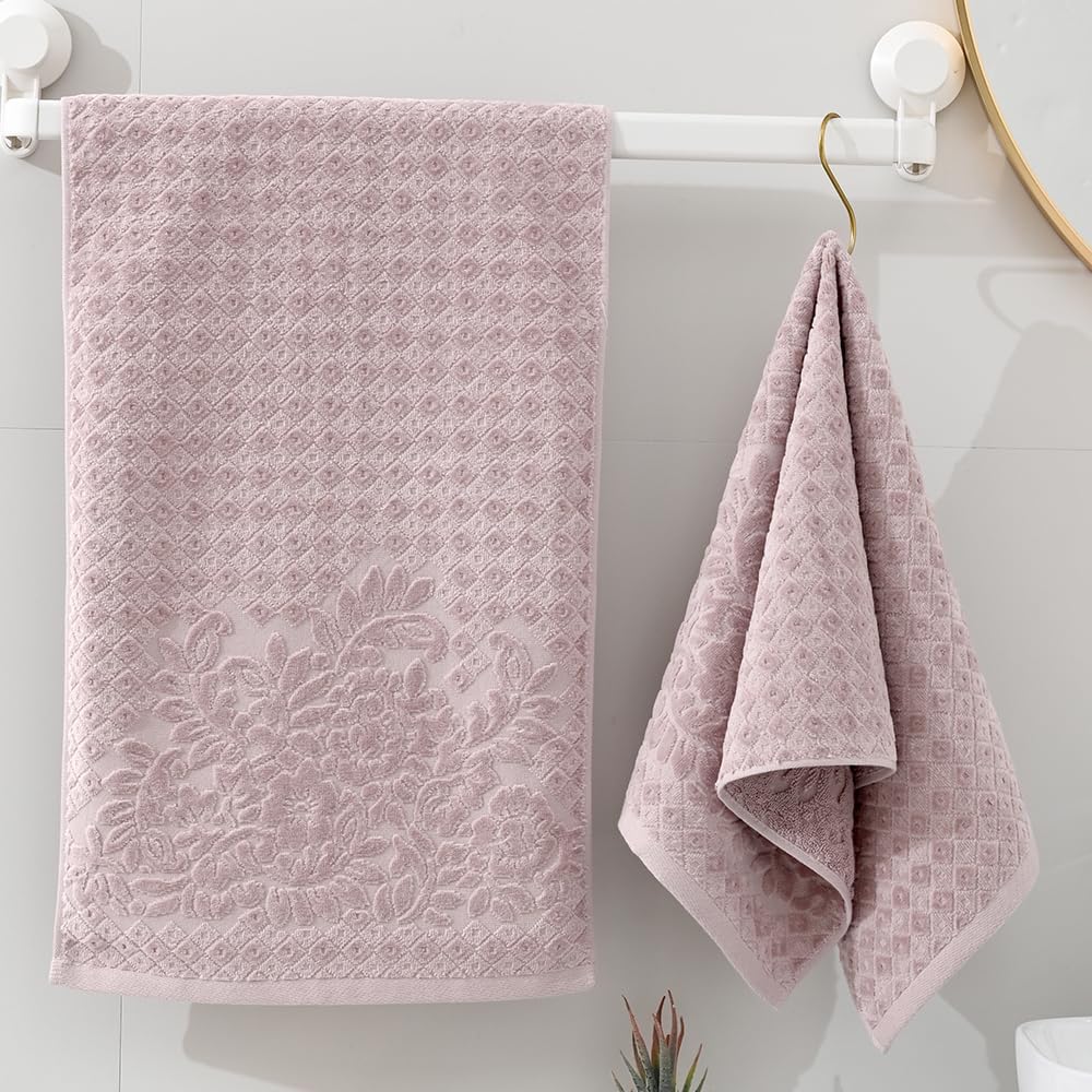 Bathroom Hand Towel Set of 2 Exquisite Vine Jacquard 100% Cotton Quick-Dry Textured Checkered Absorbent Soft Decor Hand Towels for Kitchen Spa Guest Gift (Purple, 13"x29")