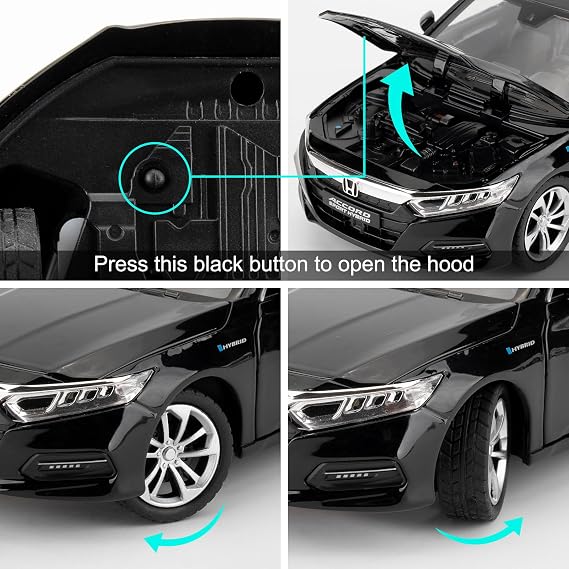 WAKAKAC Toy Cars Compatible for 1:24 Accord Model Cars, Pull Back Die-cast Vehicles with Sounds&Lights for Kids Boys Girls and Adults, Gift Black