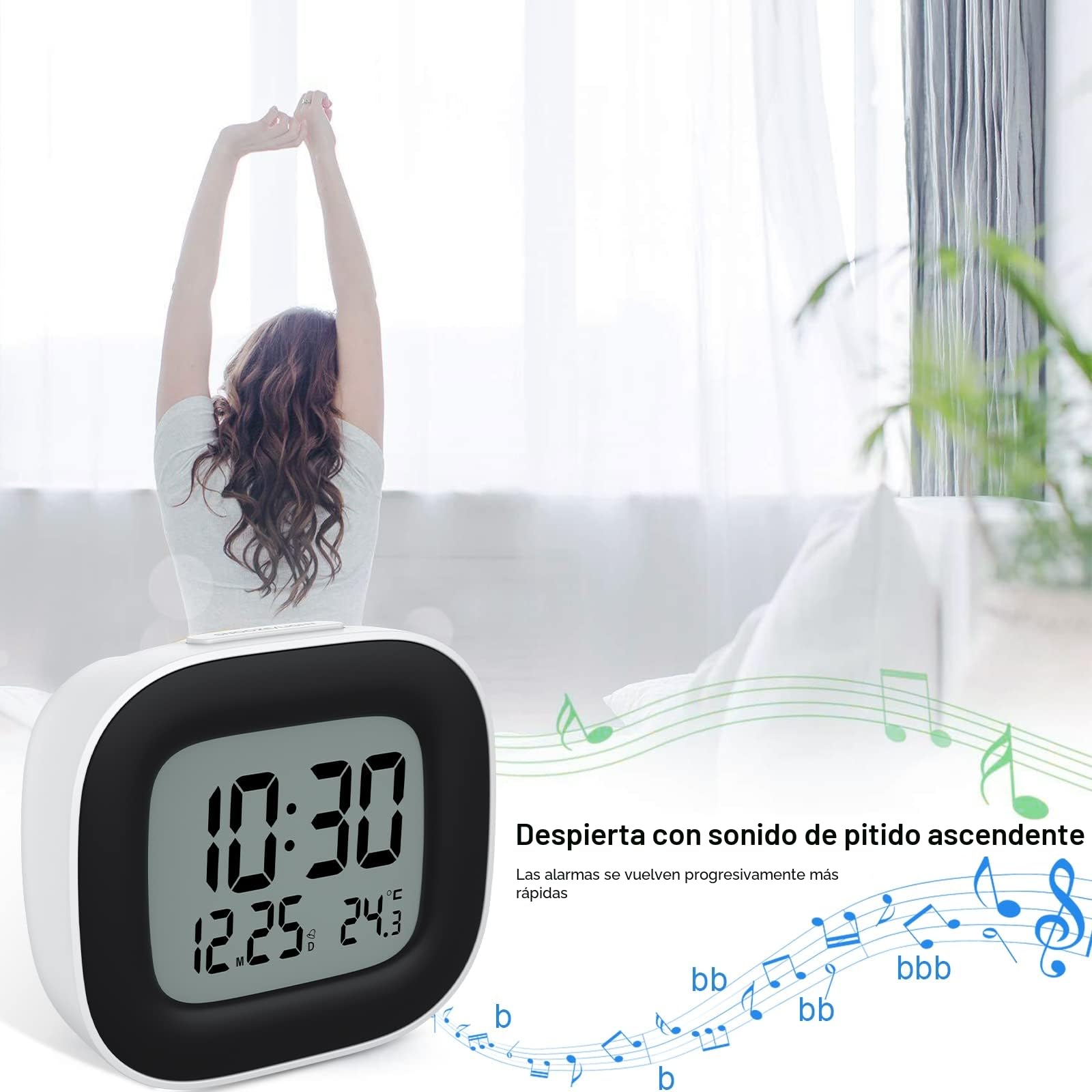 Despertador Digital Pilas Reloj Despertador Digital Pequeño con Luz, Despertador Inteligente con Temperatura Fecha y Zumbador Fuerte, Siesta, para Viajes Dormitorio (2 Baterías AAA Incluidas)