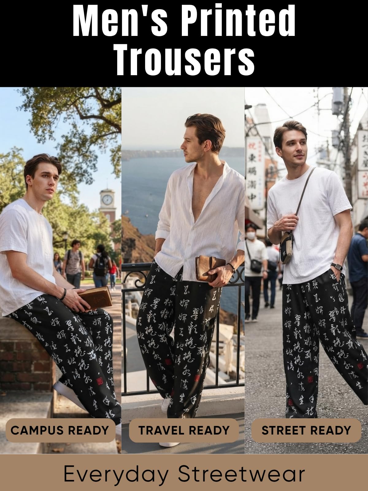 GRECIILOOKS Mens Boho Hippie Harem Pants | Black Printed Wide-Leg Trousers | Koren Streetwear Loose Baggy Fit Summer Lounge Yoga Lowers (GL-CG6037-32-Black) 3