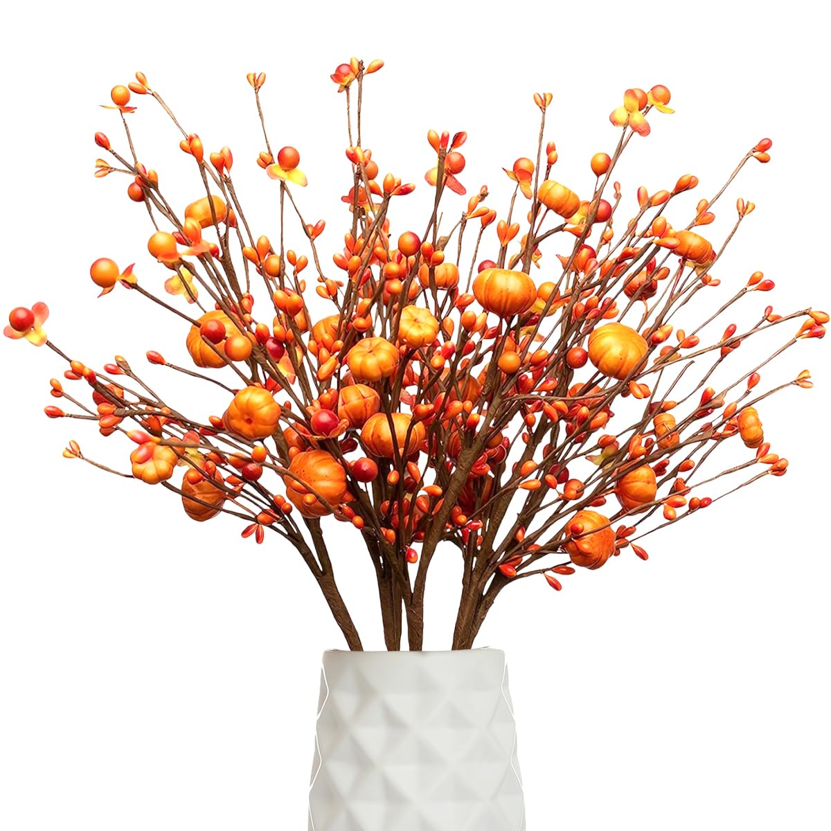 JOYWU Pumpkin Berry Stems - 5 Pcs 42cm Artificial Fall Branches With Foam Pumpkins for Vase, Bendable Thanksgiving Decor, Floral Bouquet, Autumn Harvest Decoration