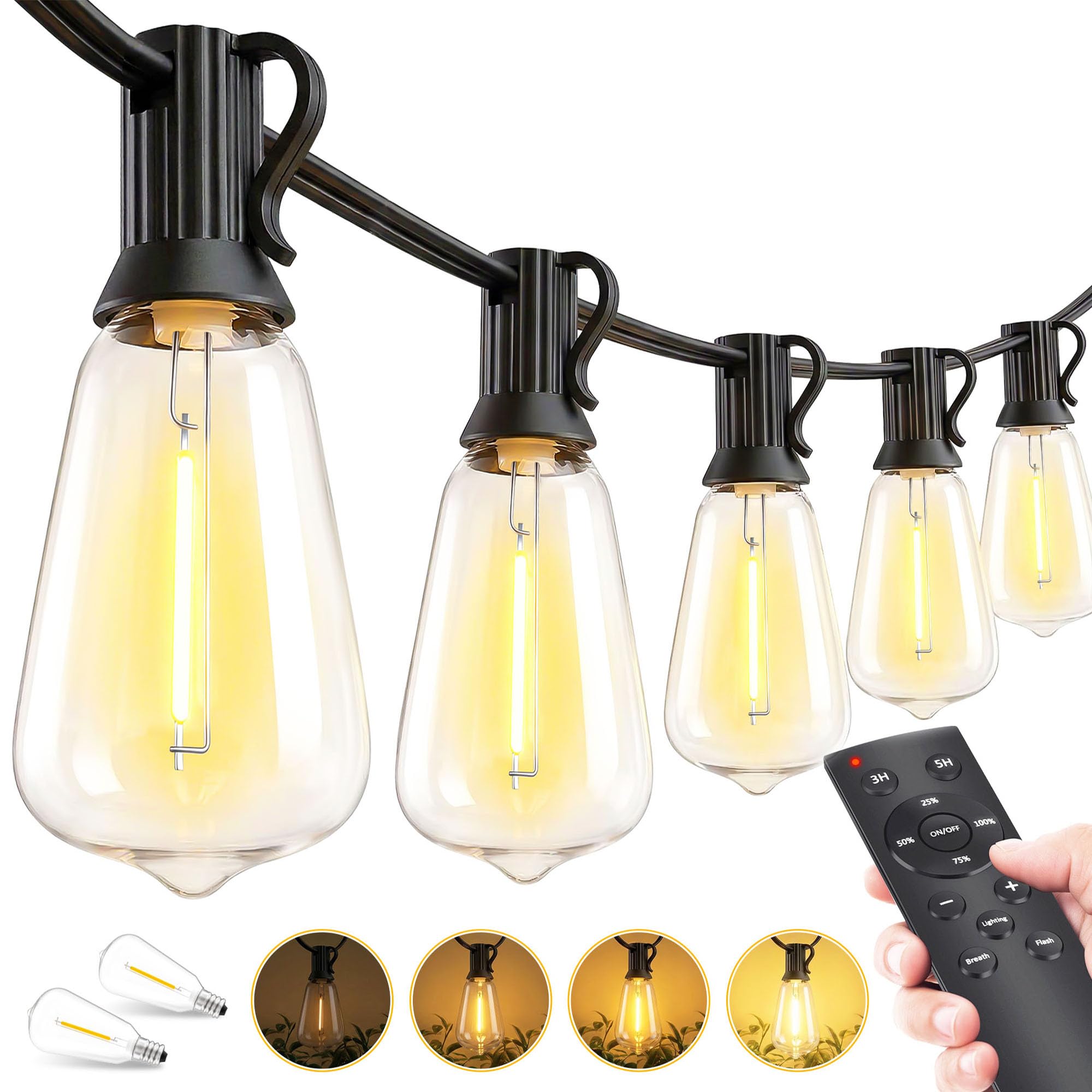 Outdoor Lights String Patio Outside - 100ft 30M LED Waterproof Light - Hanging Lighting ST38 Shatterproof Edison Bulb Deck Backyard Gazebo Balcony Party Bistro Cafe Pergola Garden Yard Porch Dimmable