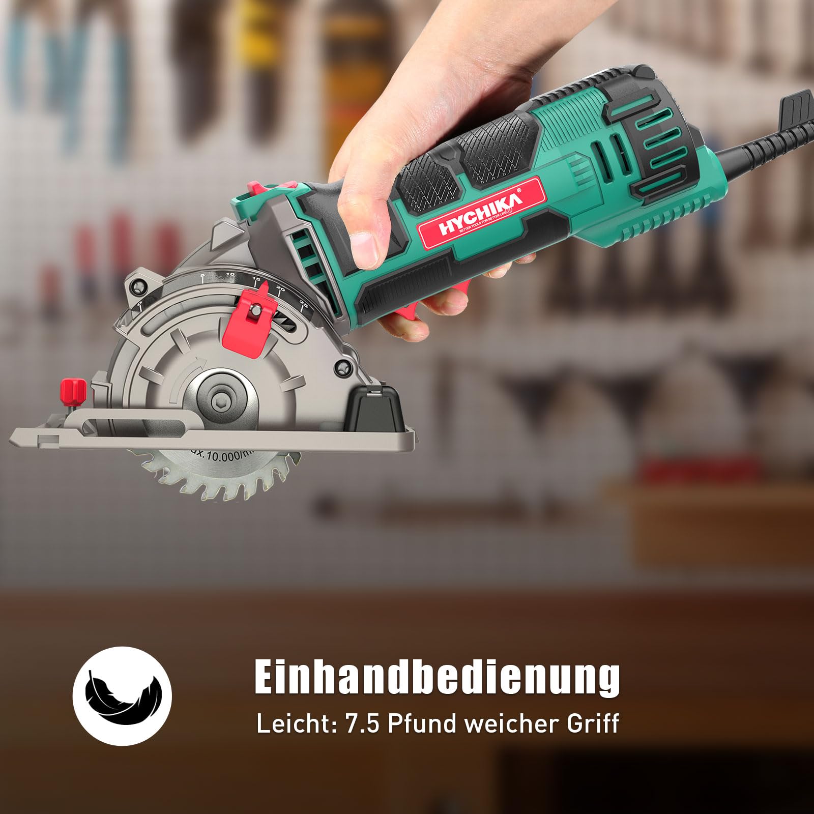 HYCHIKA Mini Kreissäge, Handkreissäge mit 3 Sägeblättern, Skalenlineal, 500W Motor aus reinem Kupfer, 4500RPM, Ideal für Holz-, Weichmetall-, Fliesen- und Kunststoffschnitte