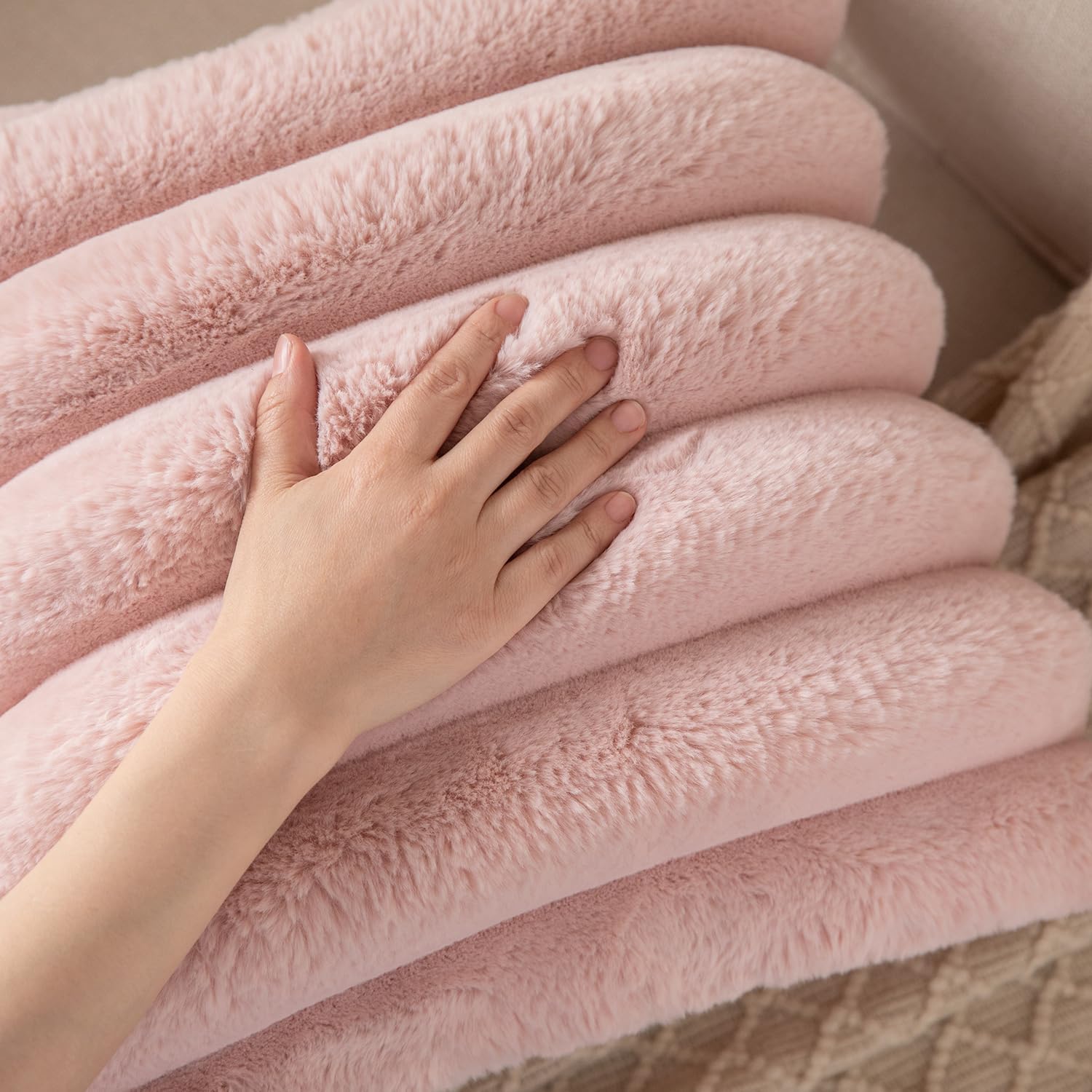 Yaertun Pink Striped Decorative Throw Pillow Covers 18x18 Inch Set of 2 Plush Soft Pillowcase with Velvet Back Faux Rabbit Fur Cushion Covers Sofa Couch Bed Livingroom - Image 2