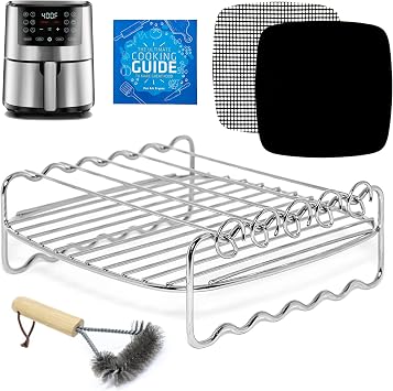 Air Fryer Skewer Rack Grate Compatible with Chefman, Ultrean, PowerXL and more, Double Rack Kabob Airfryer Accessories for Cosori, Gowise, Nuwave Brio, Multi-Purpose Stainless Steel