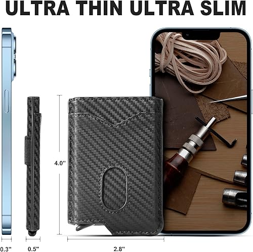 Miniatura 4 de GSOIAX Cartera delgada para hombre, con bloqueo RFID, carteras plegables para hombres, minimalista, de cuero auténtico, fibra de carbono, clip para