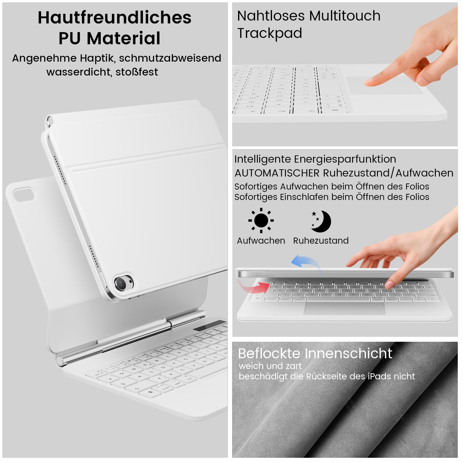 Hülle mit Tastatur für iPad A16 11 Generation 2025/10 Generation 2022 (11/10.9 Zoll), ipad Magic Keyboard mit schwebendem Cantilever Ständer, Beleuchtete Tasten, Multi Touch Trackpad, Weiß