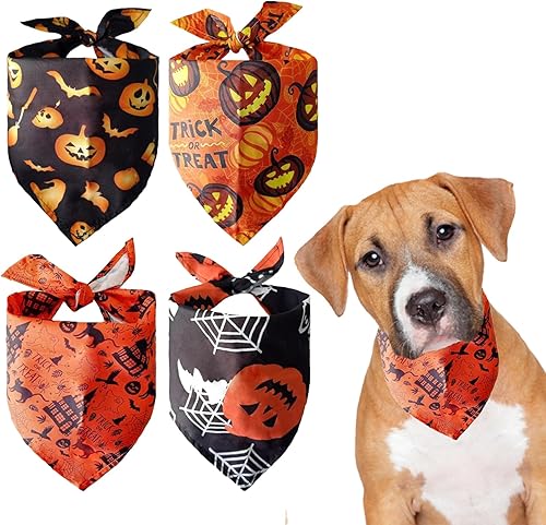Paquete de 4 pañuelos de Halloween para perro, pañuelo lavable ajustable, bufanda para mascotas con calabaza, fantasma, telaraña (Halloween)