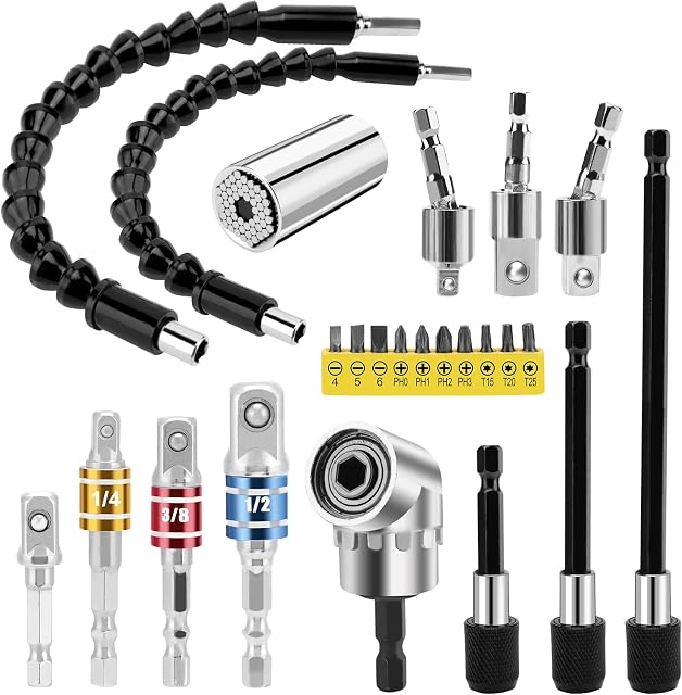 Xakay Flexible Drill Bit Extension Screwdriver Set, Universal Socket Adapter Wrench Tool Set 1/4 3/8 1/2 Inch, Hex Shaft Screw Power Drill Connection Tip + 105° Right Angle Screwdriver Set, 24PCS