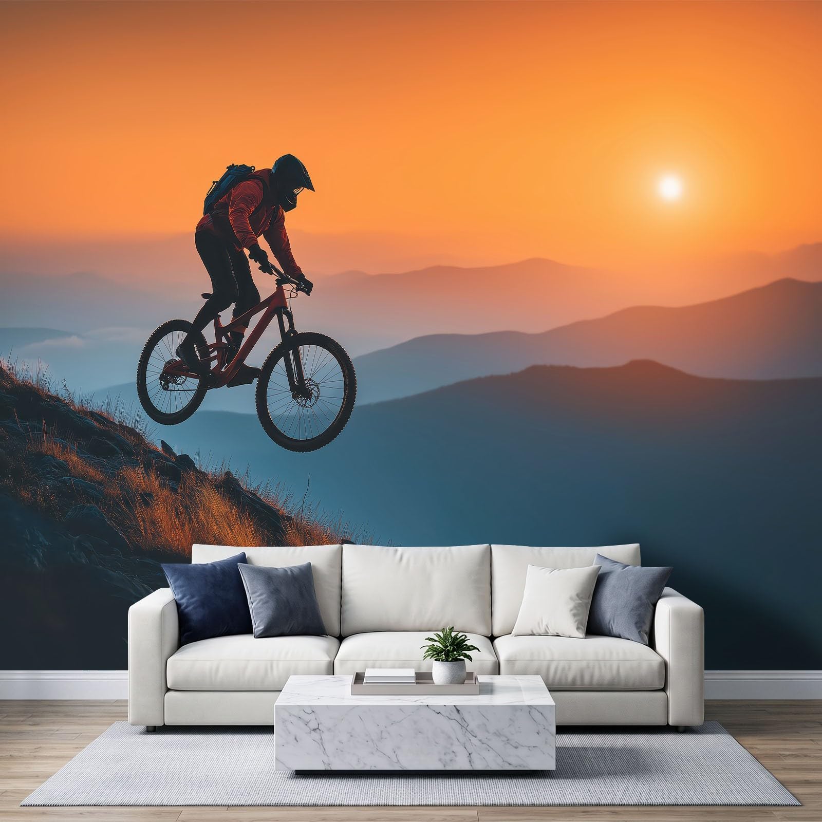 Extreme Sports Photography Photo Wallpaper 400x280cm, Non-Woven Premium Art Print Mural Wallpaper, Mountain Biker Sunset Ridge Fleece Wall Mural Decoration Poster Picture