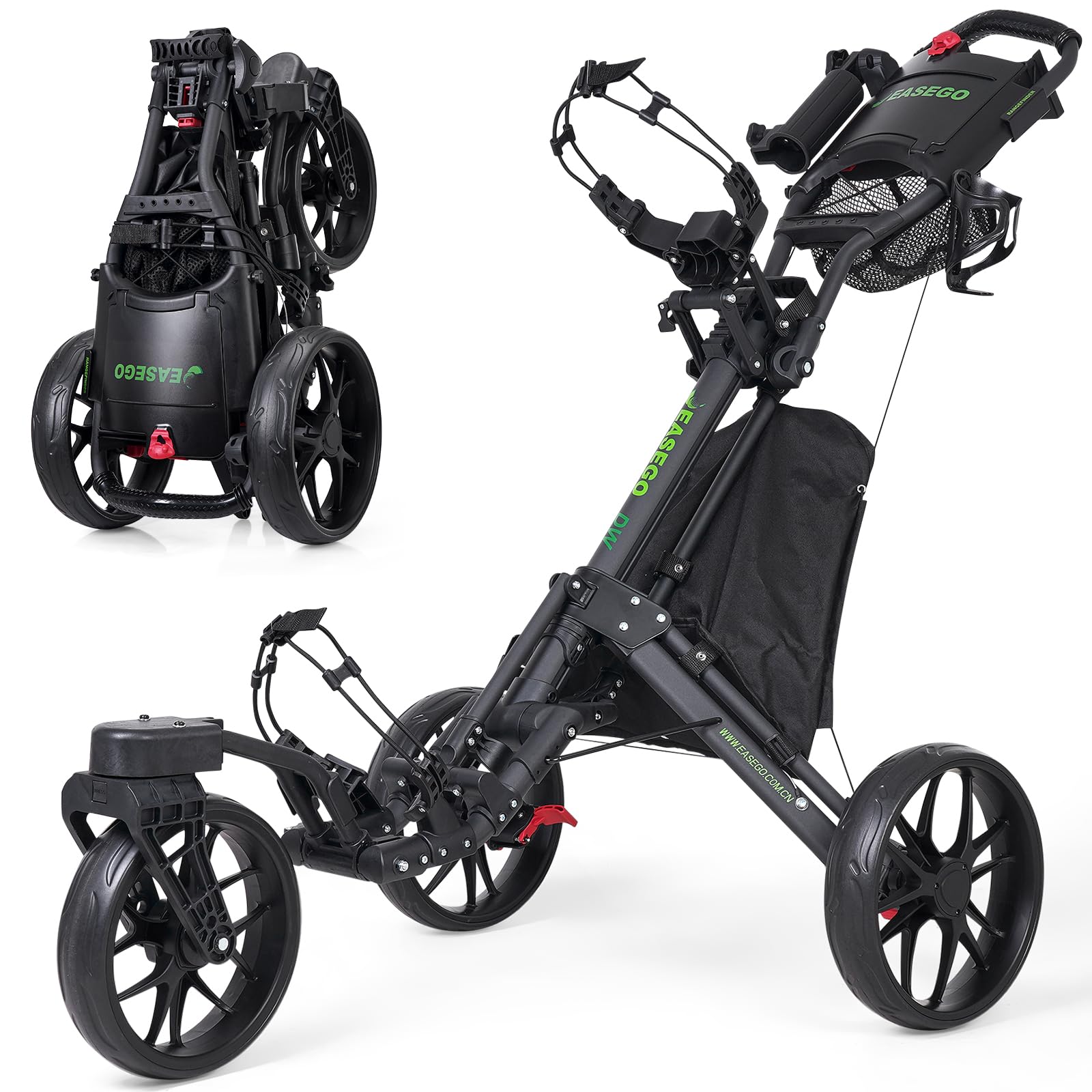 Golf Push Cart 3 Wheel : 360° Swivel Front Wheels with Phone Holder/Cup Holder/Umbrella Holder/Foot Brake Quick Fold Golf Walking Push Pull Carts All-Terrain Golf Caddy Carts