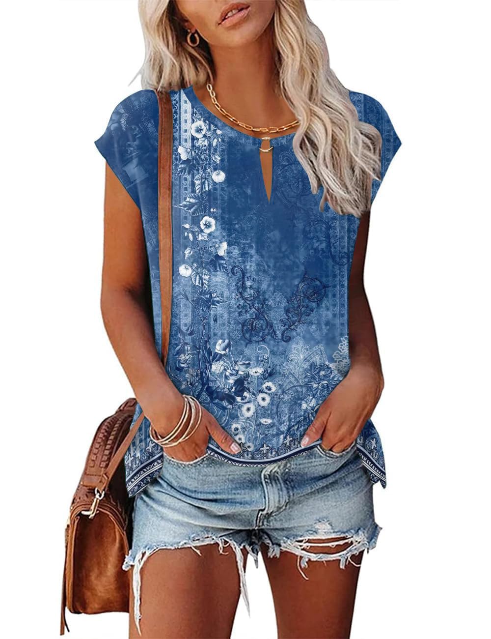 Tanmolo Damen T-Shirt Oberteile Top Sommer mit Flügelärmeln & Metallring-V-Ausschnitt Elegant Casual Shirt Bluse für Freizeit und Alltag