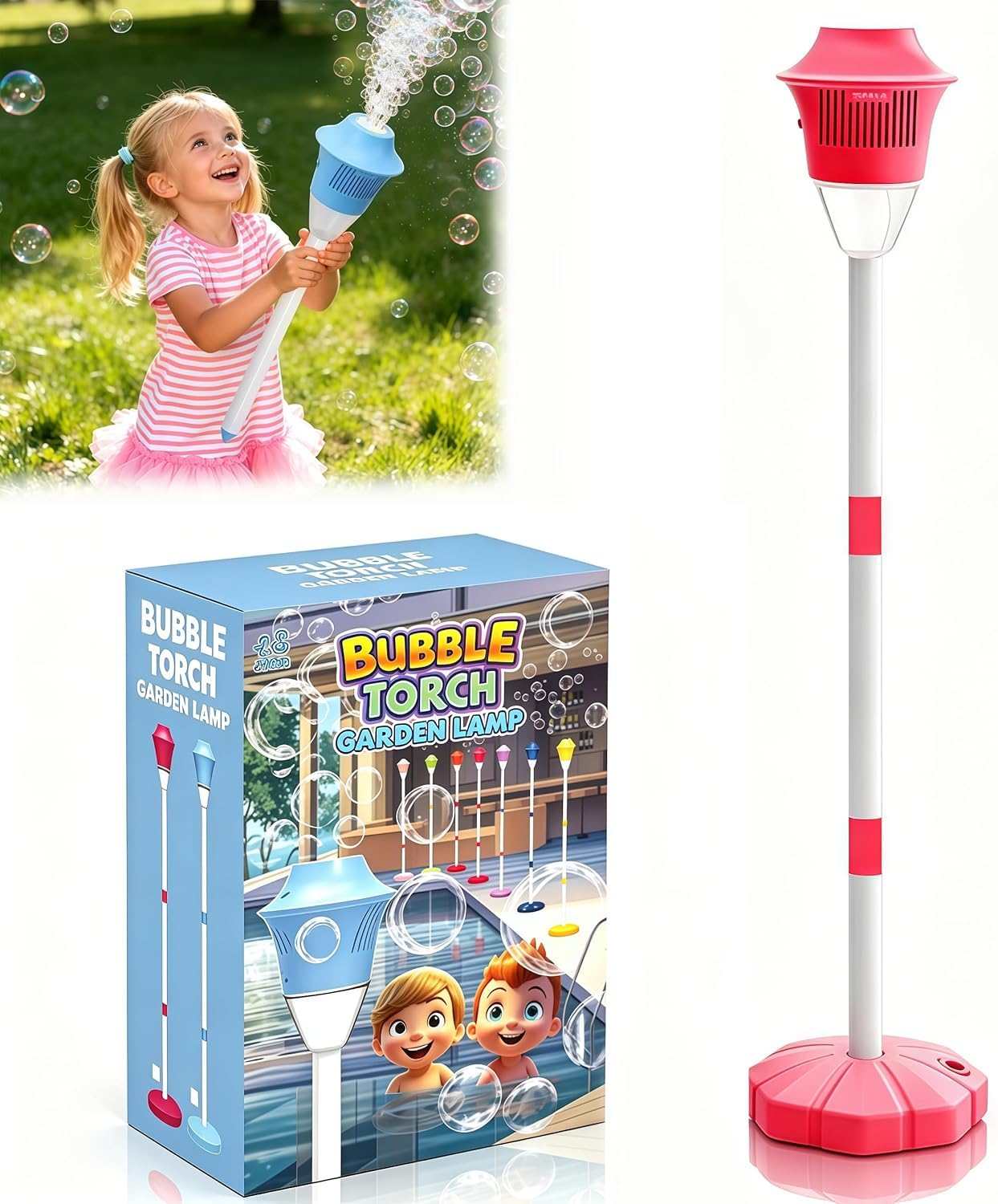 2026 Upgrade Automatic Bubble Machine for Kids, Rechargeable Stand Bubble Maker Torch with Light Music, Adjustable Height Magic Bubble Light for Outdoor Party Wedding Garden Patio (Red)