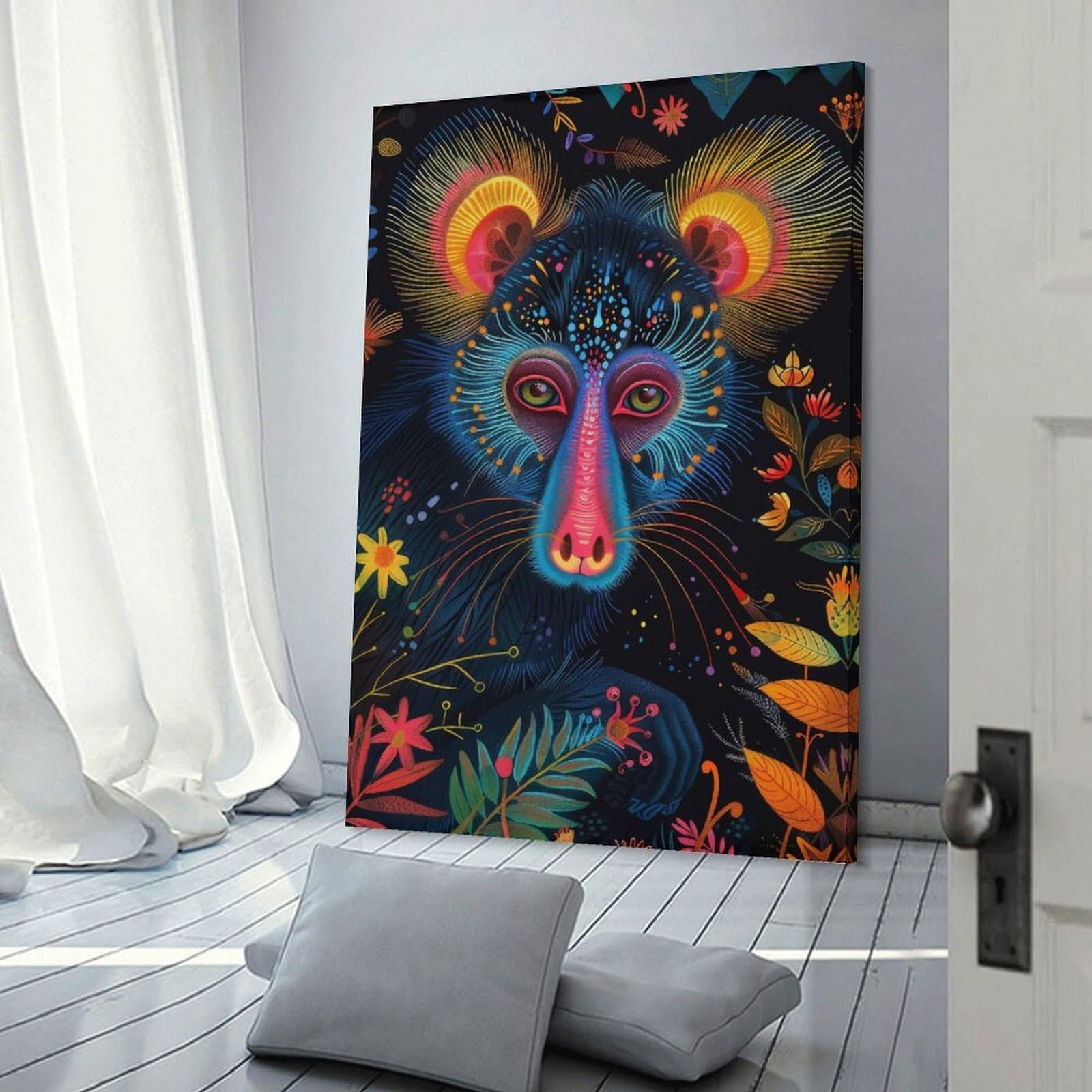 Junmoney Frame-Style-11 Neon Mandrill Portrait With Floral Accents Room Decor Wall Art, 16X24inch(40X60cm), For Living Room, Bedroom, Office Or Hallway, Decorative Artwork With Broad Appeal