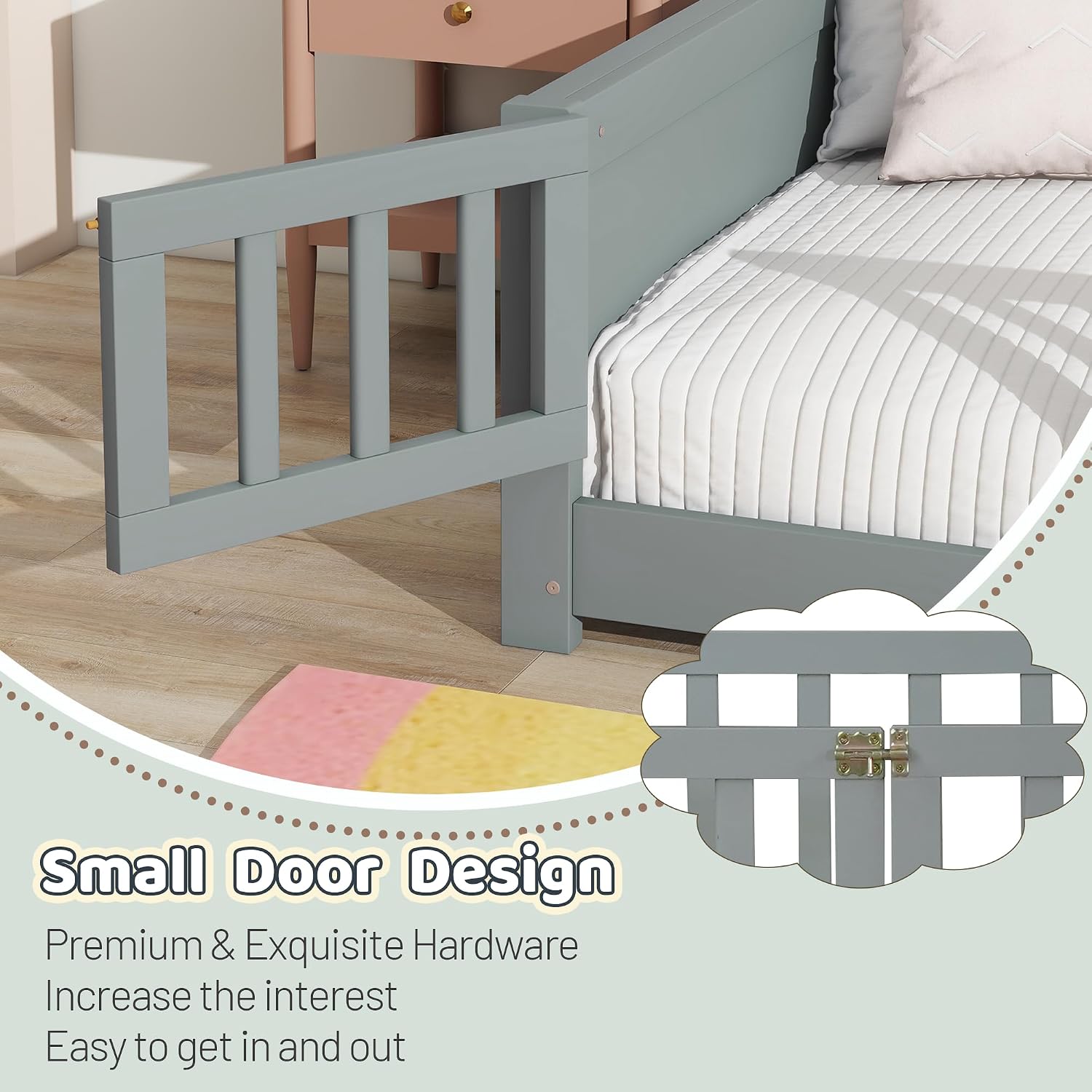 Twin Floor Bed Frame with Rails and Built-in Book Rack, Wood Montessori Floor Beds with Slats and Door,Toddler Floorbed for Kids,Girls or Boy,Grey